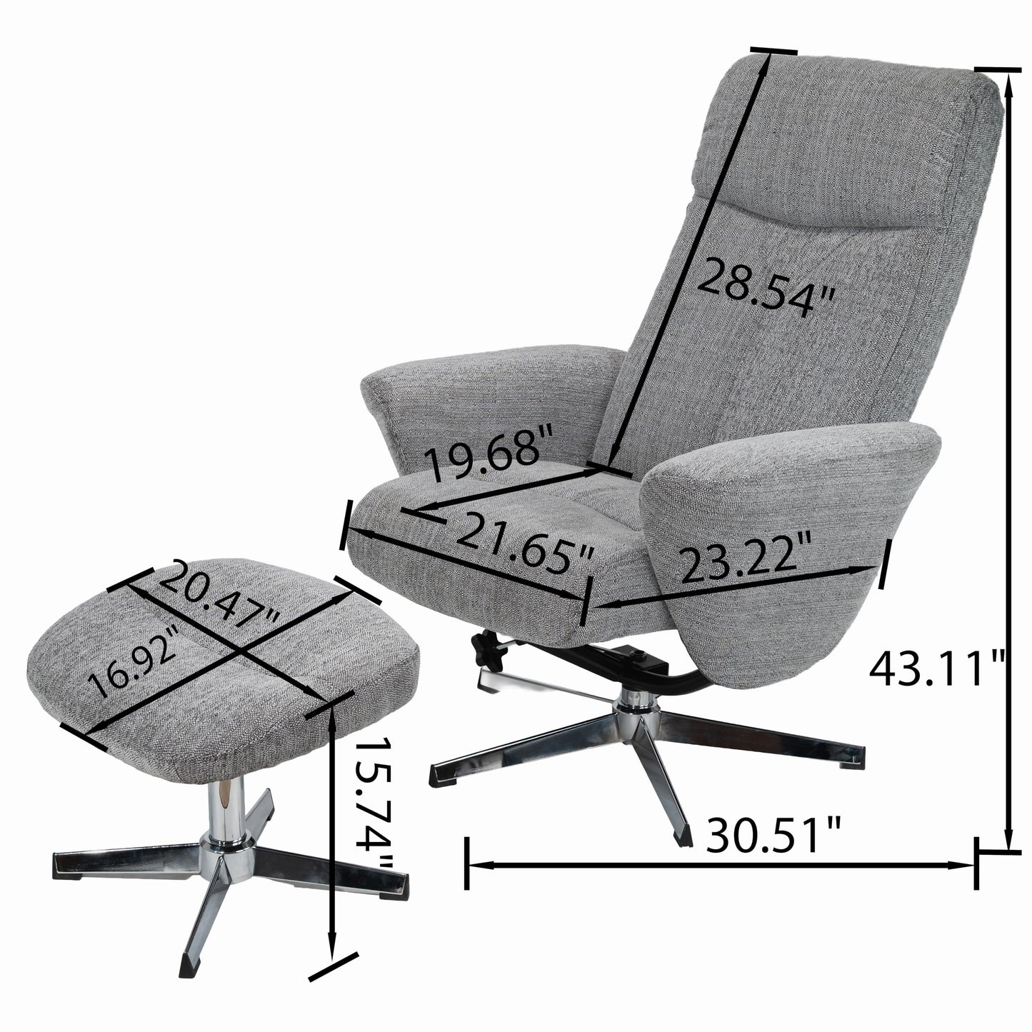 KEIKI Swivel Recliner with Ottoman Chair for Men, Modern Chenille Upholstered Manual Push Back 360° Swivel Armchair, Ergonomic Lounge Footrest for Living Room Bedroom Reading Home Office, Light Grey
