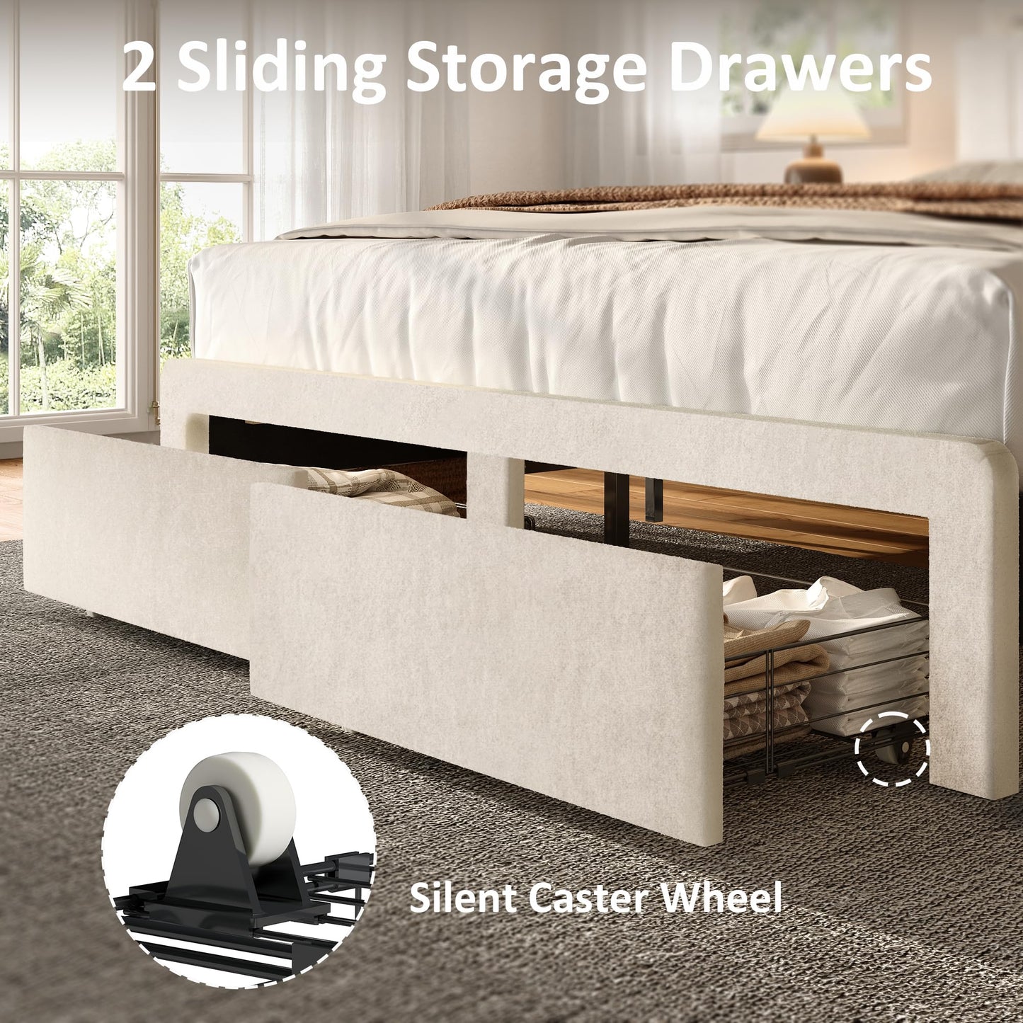 nesture. Queen Storage Bed Frame, Upholstered Platform Bed with 2 Drawers, Velvet Vertical Tufted Headboard with LED Lights & Charging Station, Wooden Slats Support, No Box Spring Needed, Off-White