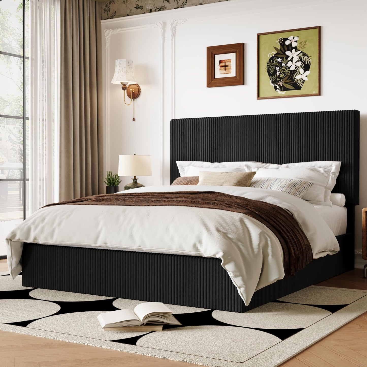 Allewie Queen Bed Frame, Upholstered Platform Bed, Adjustable Vertical Channel Tufted Headboard, Corduroy Fabric, Modern Low Profile, Wooden Slats, No Box Spring Needed, Easy Assembly, Black