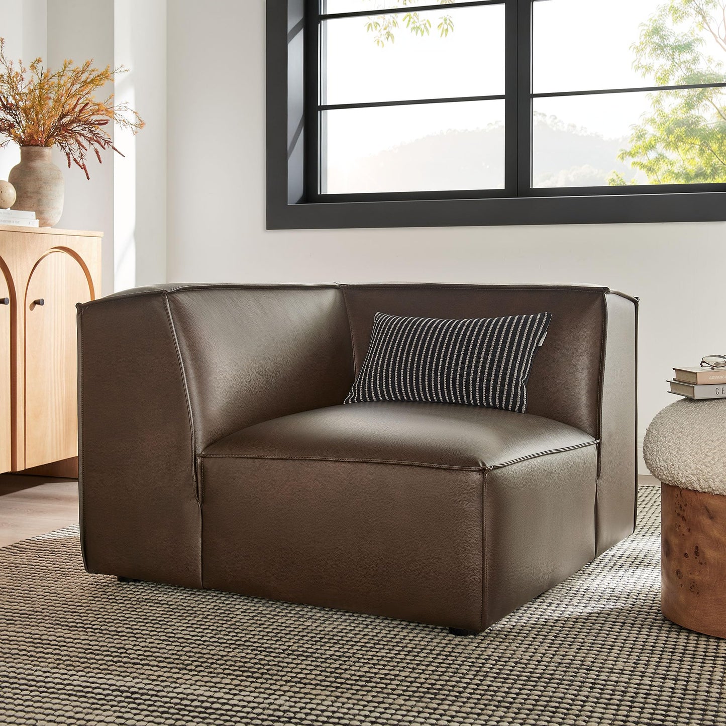Modway Restore Faux Leather Modular Corner Chair in Espresso - Living Room Vegan Leather Upholstered Single-Arm Accent Armchair for Sectional Sofa with Coil Seat Support and French Piping