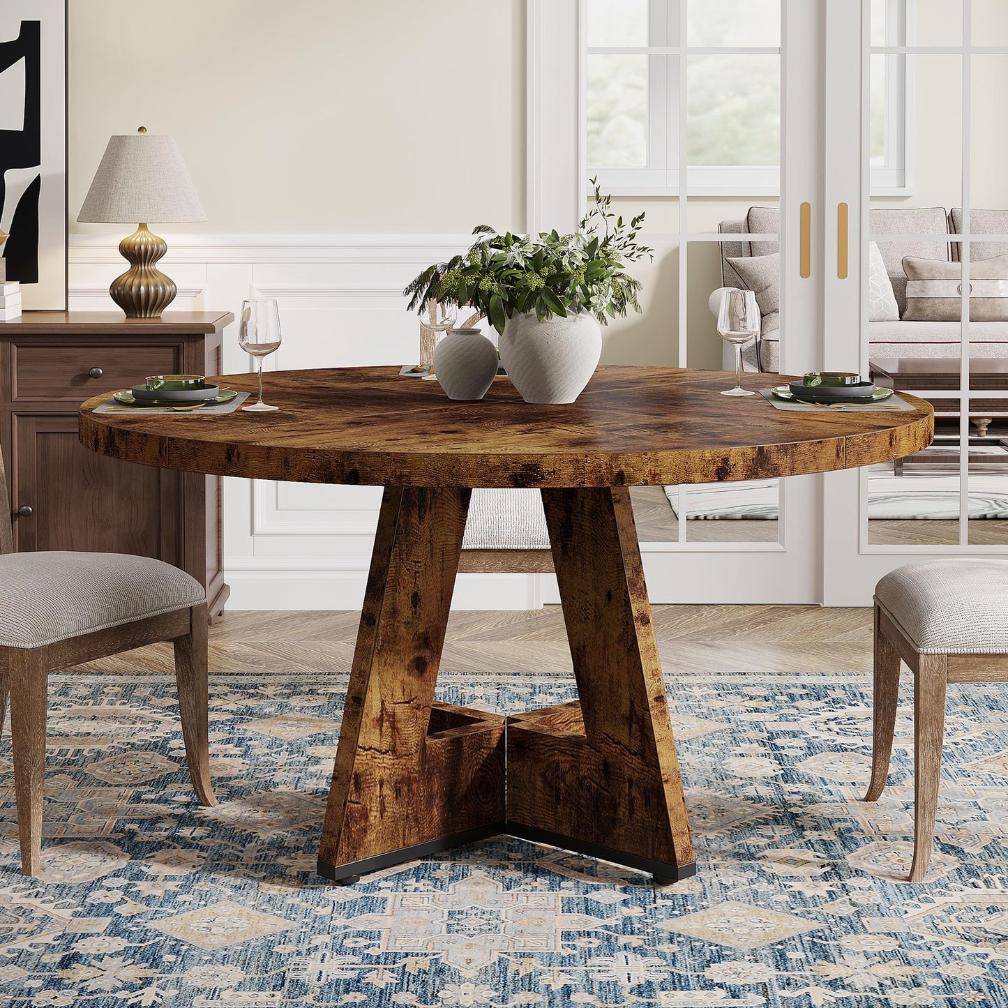Tribesigns 47 inch Round Dining Table Wood Kitchen Table for Dining Room, 47" Dinner Room Tables for 4-6, Farmhouse Accent Furniture with Wooden Tabletop and Cross Base, Vintage