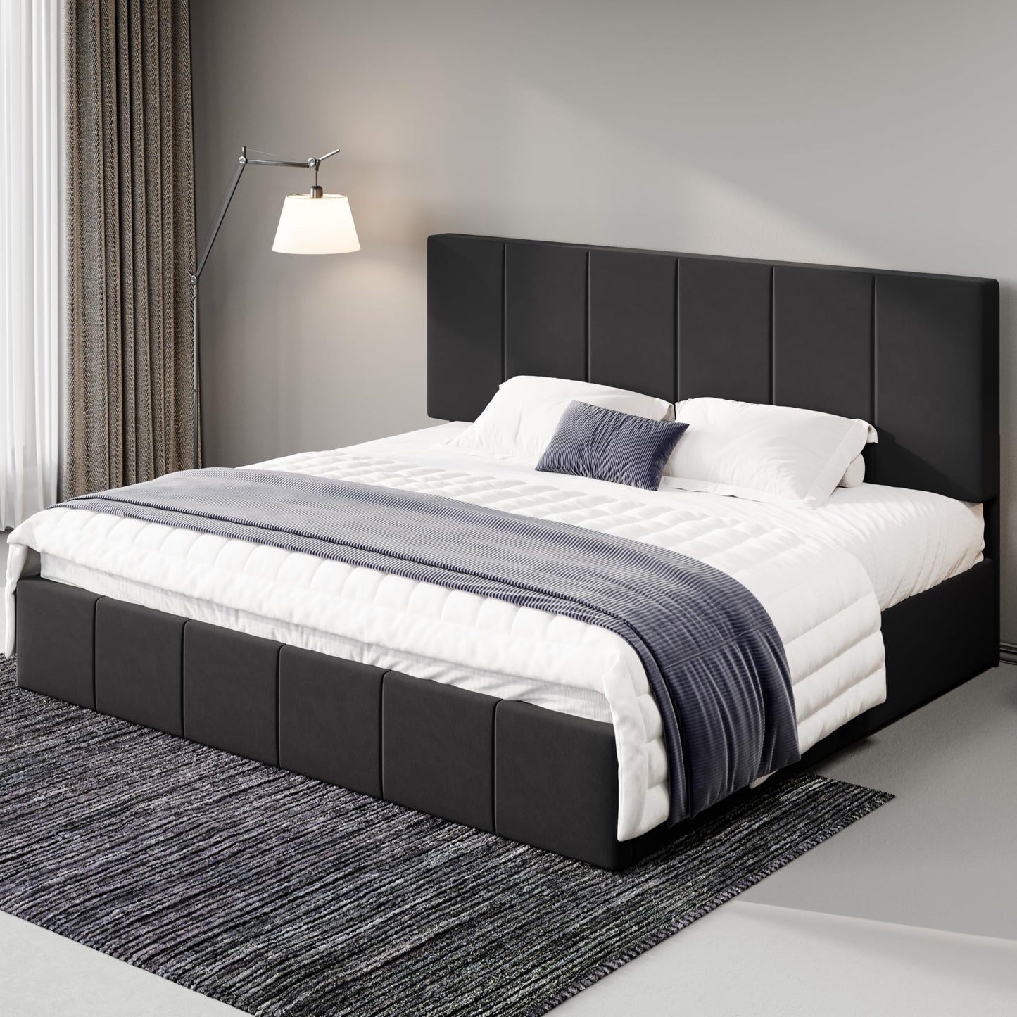Allewie King Size Dutch Velvet Upholstered Platform Bed Frame/Vertical Channel Tufted Adjustable Headboard/Low Profile Bed Frame/No Box Spring Needed/Easy Assembly/Black