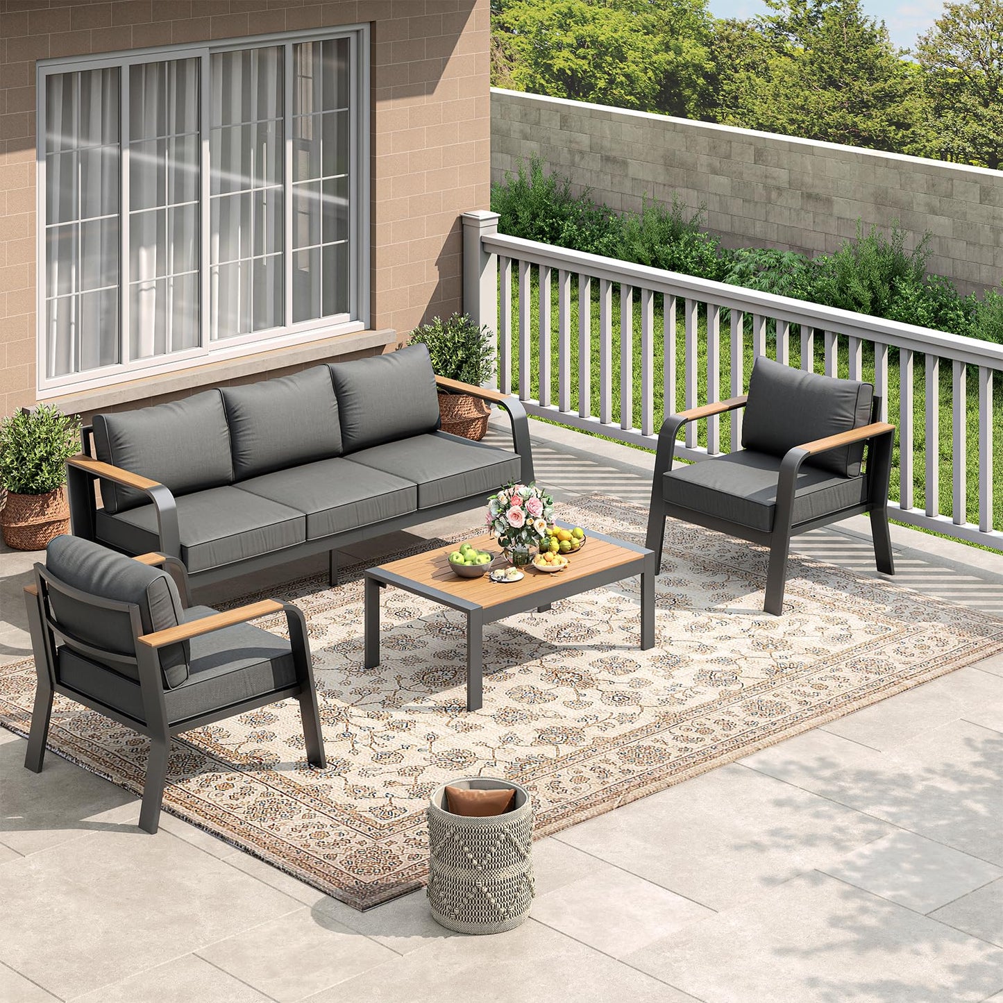 Garvee Aluminum Outdoor Patio Furniture Set with Coffee Table 5 Seats Patio Conversation Set Washable Thick Cushions All-Weather Metal Outdoor Furniture Sets for Poolside Balcony Deck, Gray