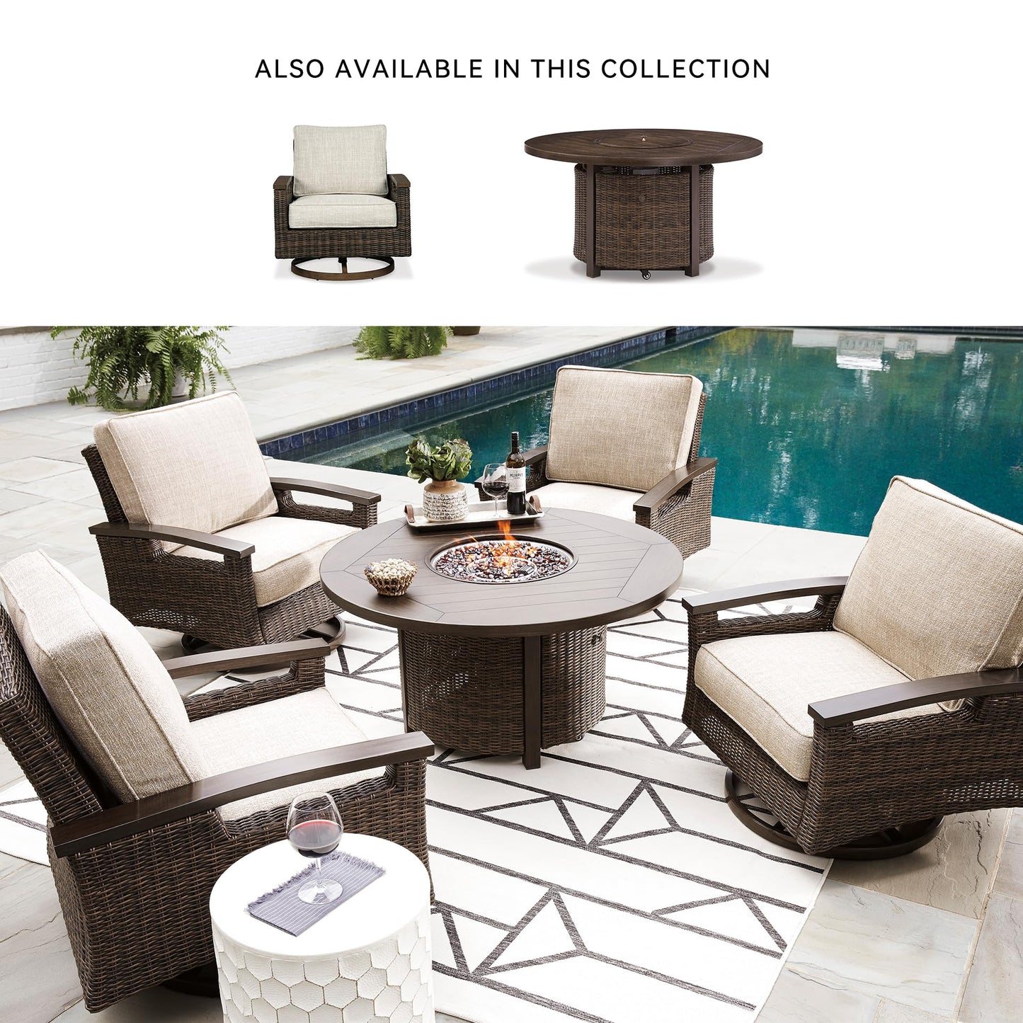 Signature Design by Ashley Paradise Trail Outdoor Round Wicker Patio Fire Pit Table, Brown