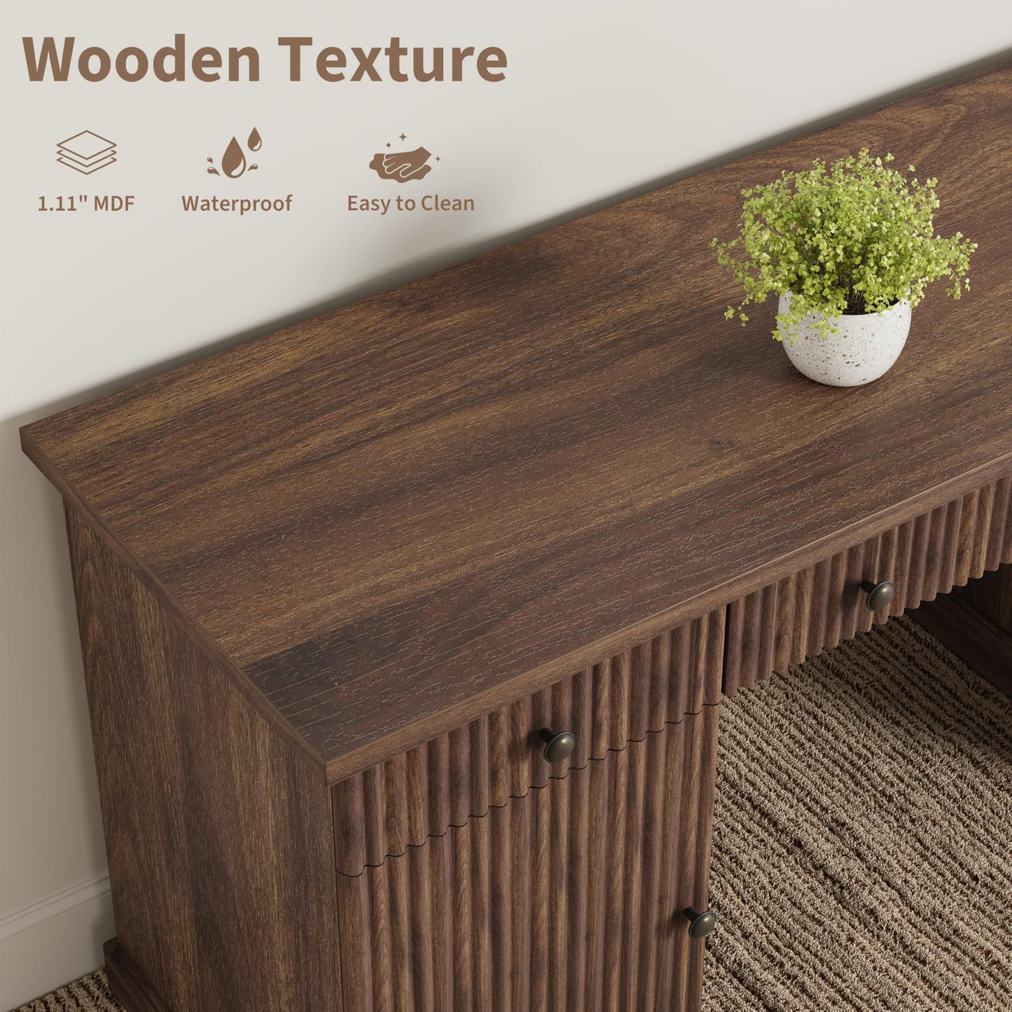 Garvee 60" Office Desk with Storage & Drawers. Fluted Wood Computer Desk with Power Outlet & Adjustable Shelves.Modern Executive Desk for Home Office/Bedroom/Gaming-Brown