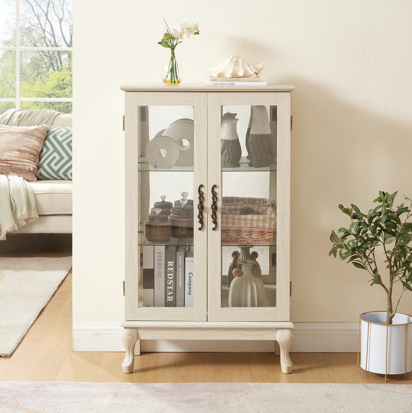 KEIKI 44" Glass Display Cabinet with Mirrored Back Panel & Adjustable Shelves, for Collectibles, Storage Curio Cabinet with 2 Door, 3-Tier Showcase Display Case, Easy Assembly, for Living Room, White
