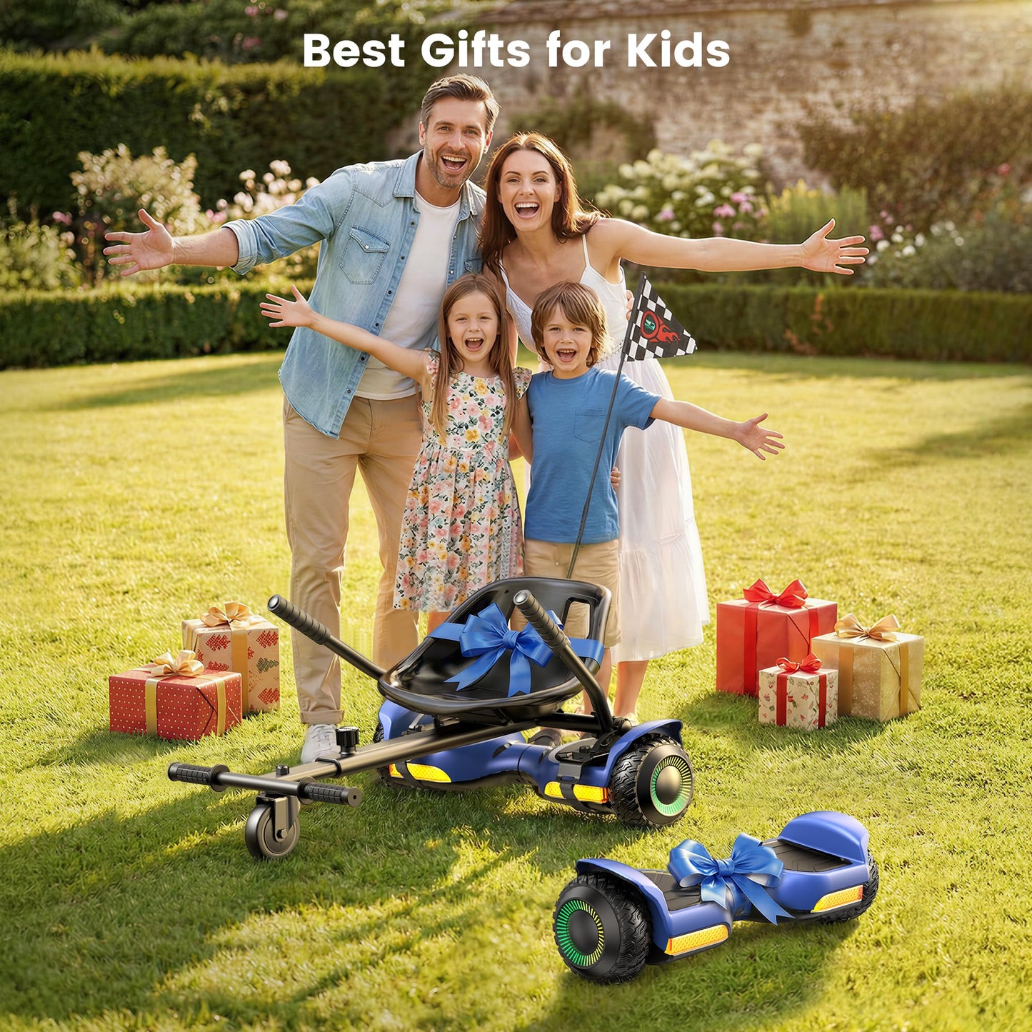 Gyroor Scooter with Adjustable Seat Attachment, 6.5" All-Terrain Self Balancing Scooter, LED Lights & Bluetooth for Kids and Adults, Blue
