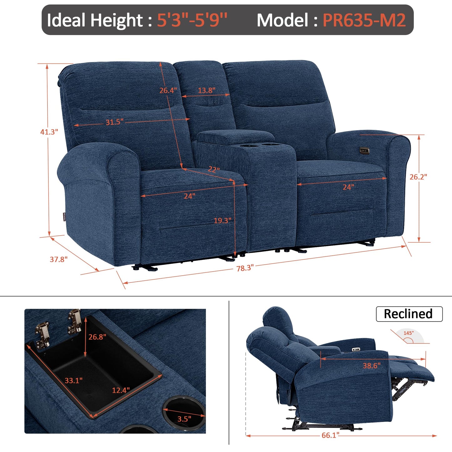 MCombo 78.3" Wall Hugger Power Loveseat Recliner Sofa with Console, Reclining Loveseat with USB Ports, Cup Holders, for Small Spaces Living Room RV, Fabric PR635M2 (Navy Blue)
