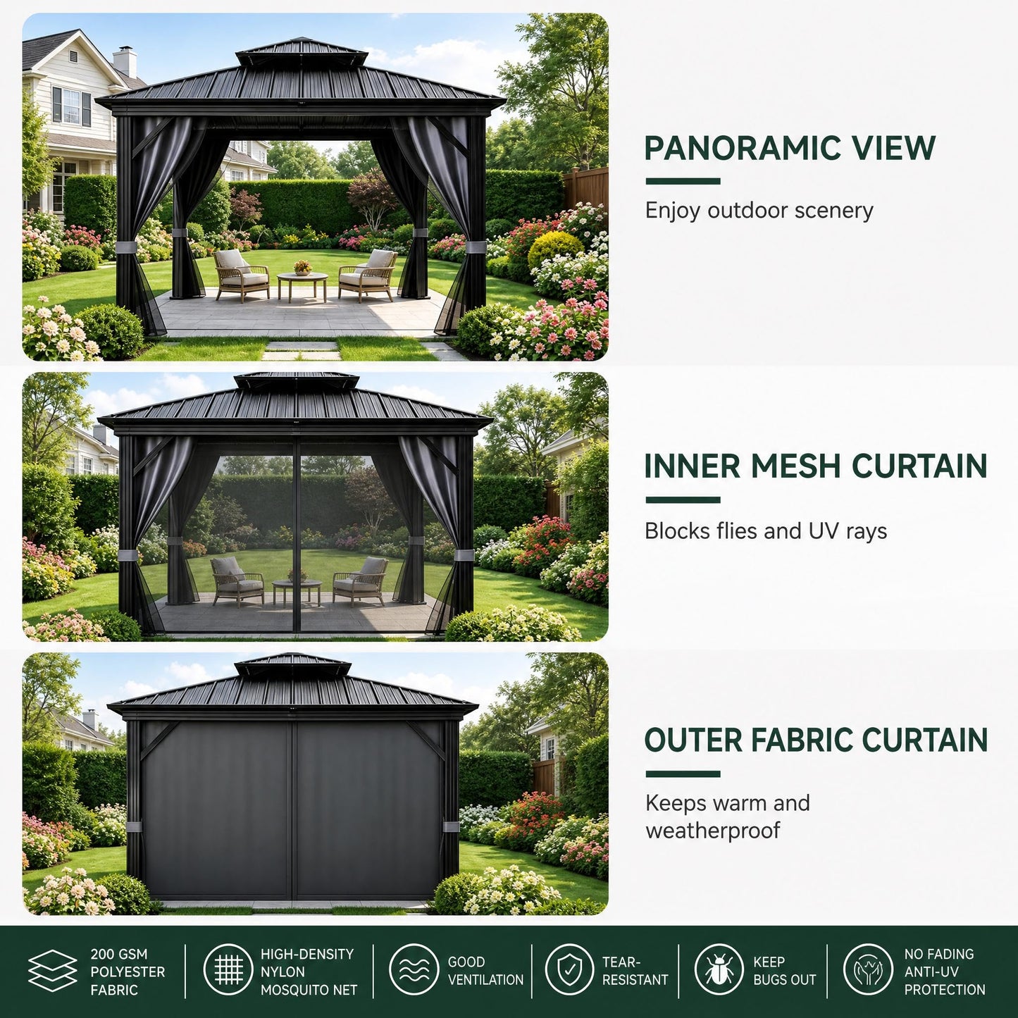 Takywep 10x10 FT Outdoor Hardtop Gazebo, Double Roof Patio Gazebo with Galvanized Steel Roof, Rust-Resistant Aluminum Frame, Drainage System, Curtains and Mesh Netting for Backyard, Deck, and Patio