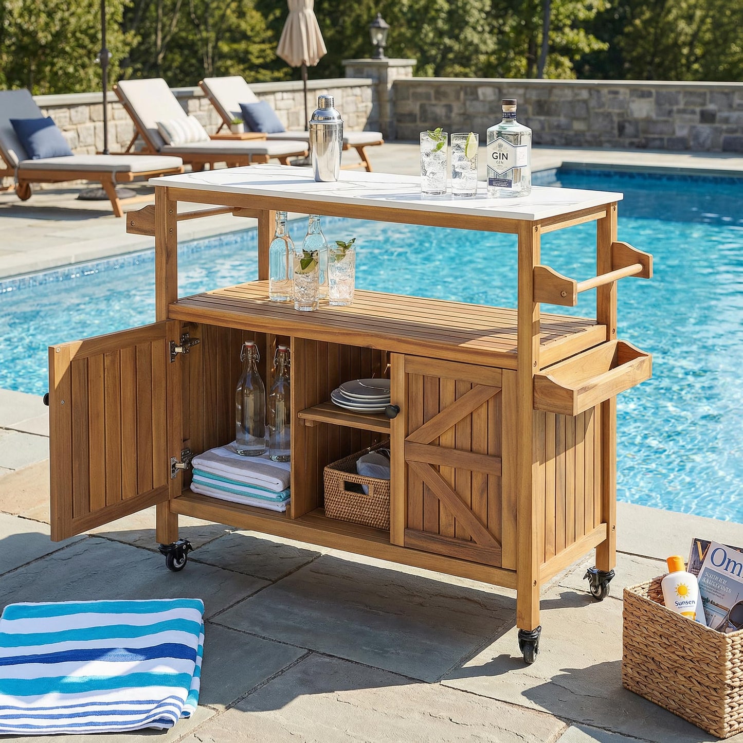 Christopher Knight Home Shina Outdoor Bar Cart with Marble-Effect Top + Lockable Wheels, Acacia Wood Outdoor Storage Cabinet with Open Shelves and 2 Doors, Kitchen Island Serving Cart, Natural
