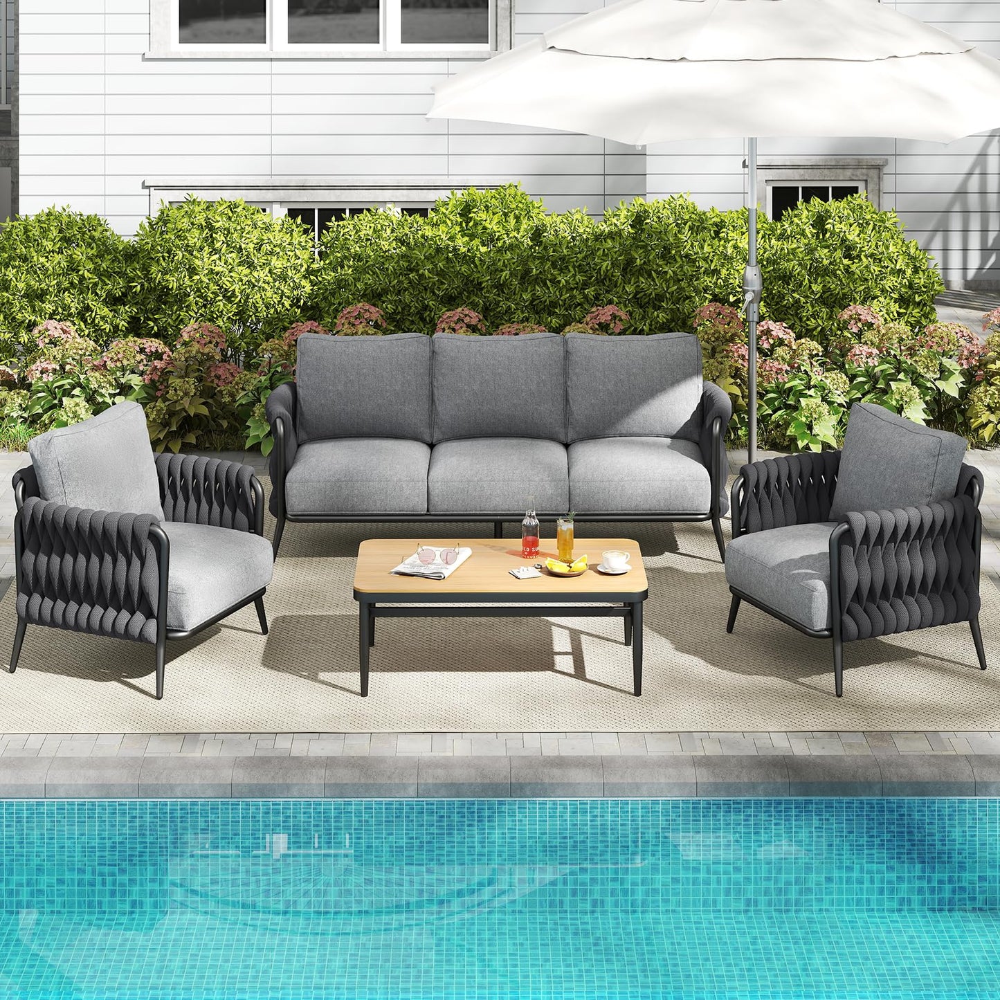 Jocoevol Outdoor Patio Furniture Set, Outdoor 5-Seat Sofa with Coffee Table, Waterproof Thick Cushion Patio Conversation Set, All Weather Outdoor Couch Set for Deck, Lawn, Balcony, Porch