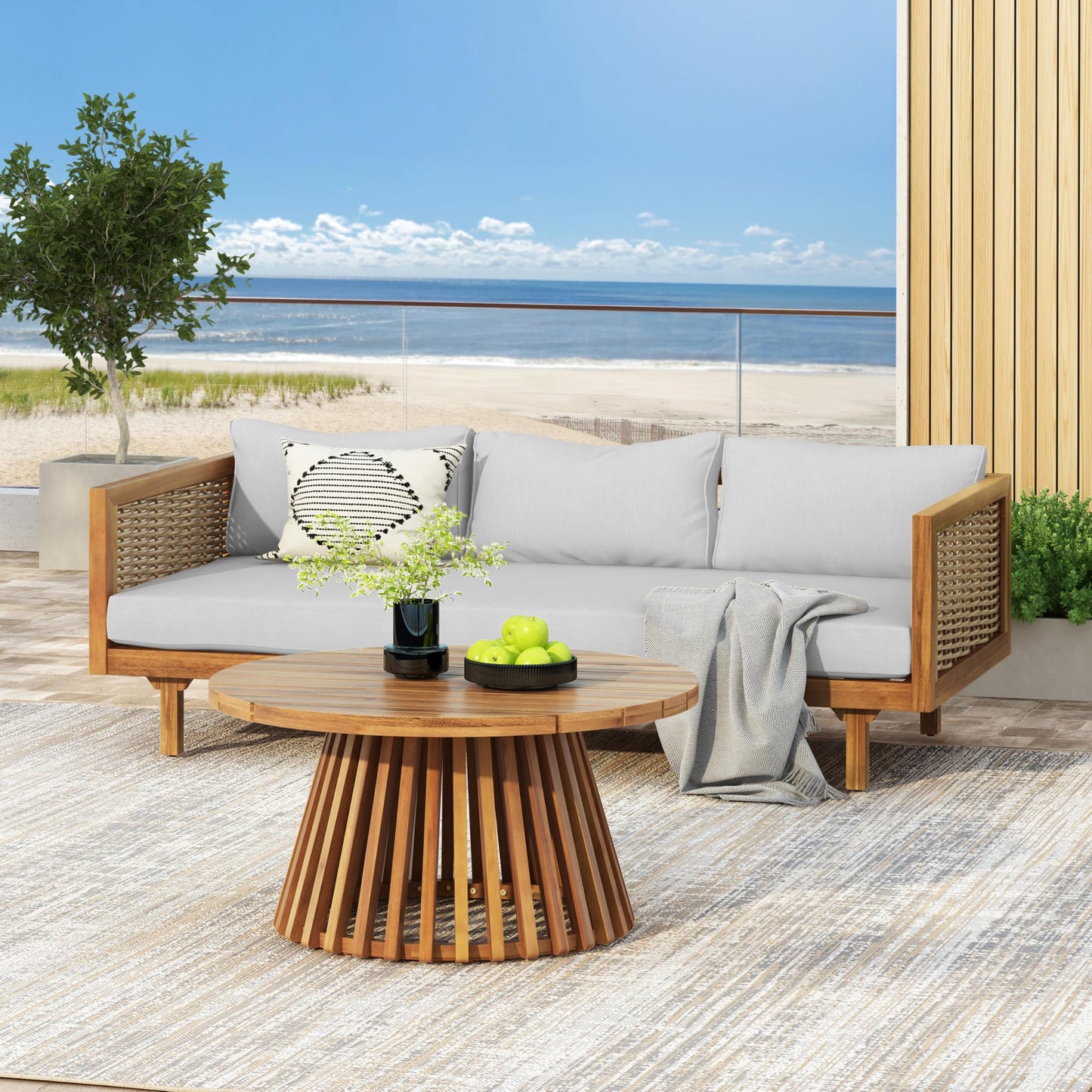 Christopher Knight Home Claremont Patio Sofa and Coffee Table Set, 2 Piece Wicker Patio Furniture Set, Acacia Wood 3 Seater Outdoor Sofa Daybed and Coffee Table Set, Teak+Light Grey