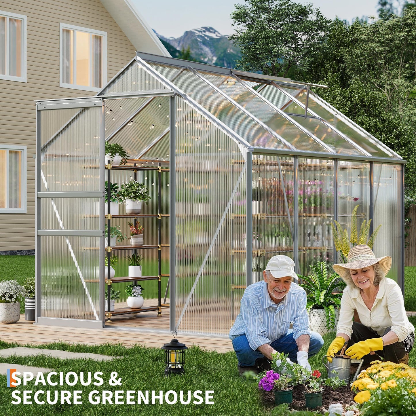 GarveeHome 6x8FT Greenhouse, Large Walk-in Polycarbonate Greenhouse with Adjustable Vent Window, Sliding Door, Portable Green House Kit for Outdoors, Winter
