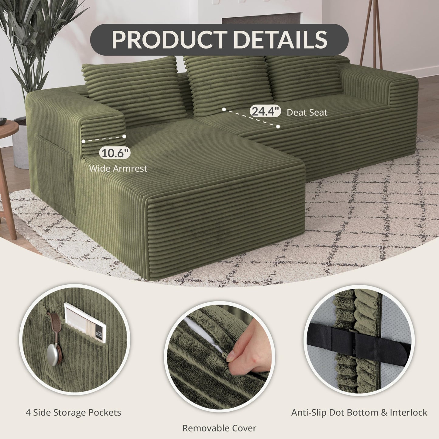 Attalee Modular Sectional Sofa for Living Room, L Shaped Compressed Corduroy Sectional Boneless Couches with Deep Seat and 4 Storage Pockets, Easy Assembly, Green