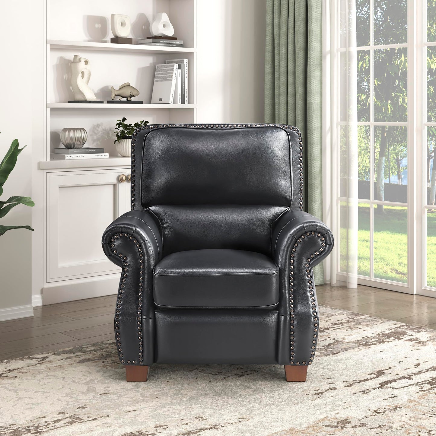Lexicon Push Back Reclining Chair, Top Grain Leather Match Push Back Recliner Chair with Nailhead Trim, Rolled Arms, Solid Wood Legs, for Living Room/Apartment/Office, Easy Assembly, Black