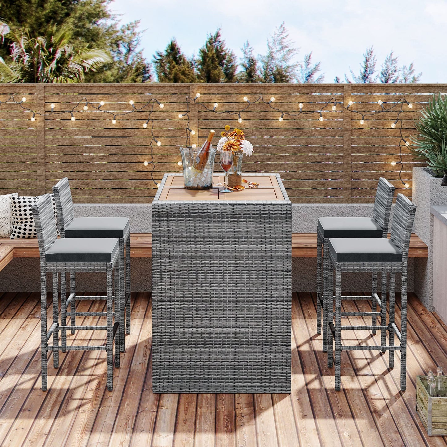 Merax 5 Pieces Outdoor Patio Wicker Bar Set, 4 Bar Height Chairs with Nonslip Feet and Gray Removable Cushion, Dining Table with Brown Acacia Wood Top and Gray Wicker