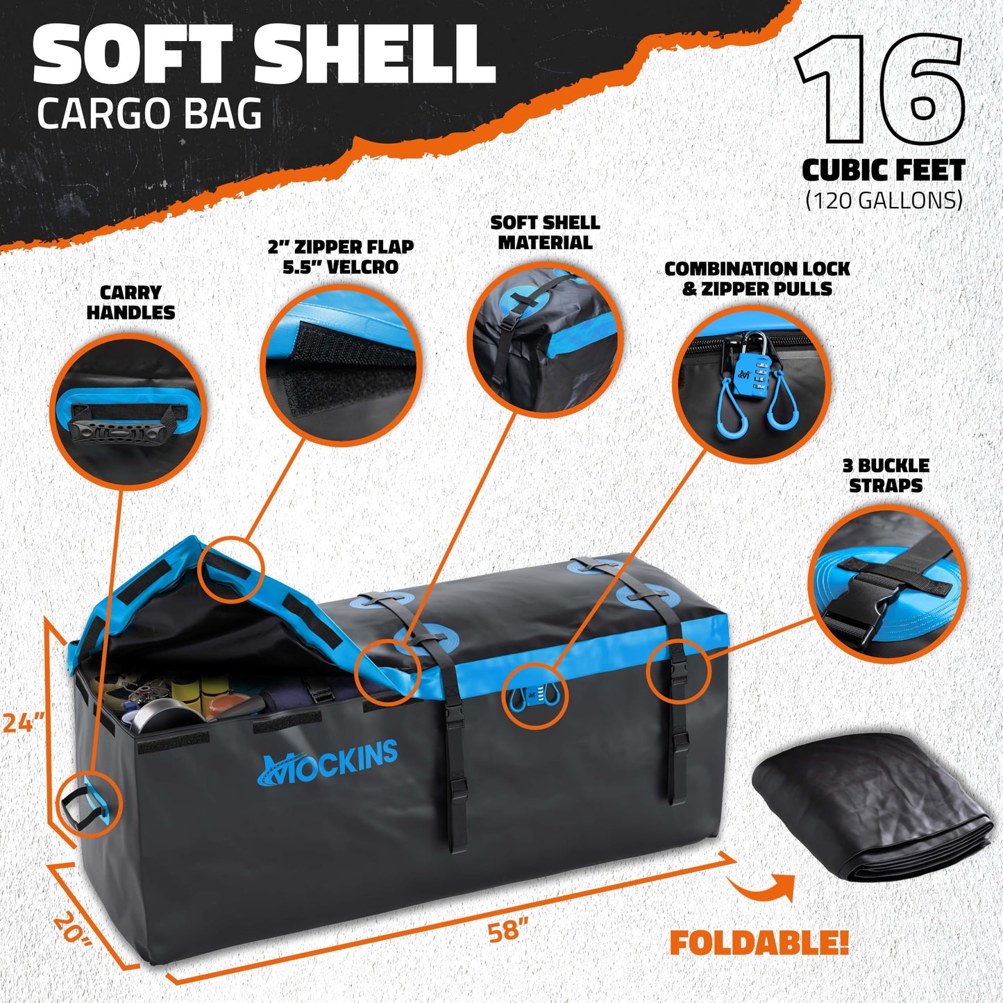 Mockins 60"x20"x6" Heavy Duty Trailer Hitch Cargo Carrier w/ 16 Cu Ft Waterproof Cargo Bag & 4 Packing Cubes | 500 Lbs. Capacity Folding Luggage Rack for SUV Car Truck & RV w/Hitch Basket Accessories