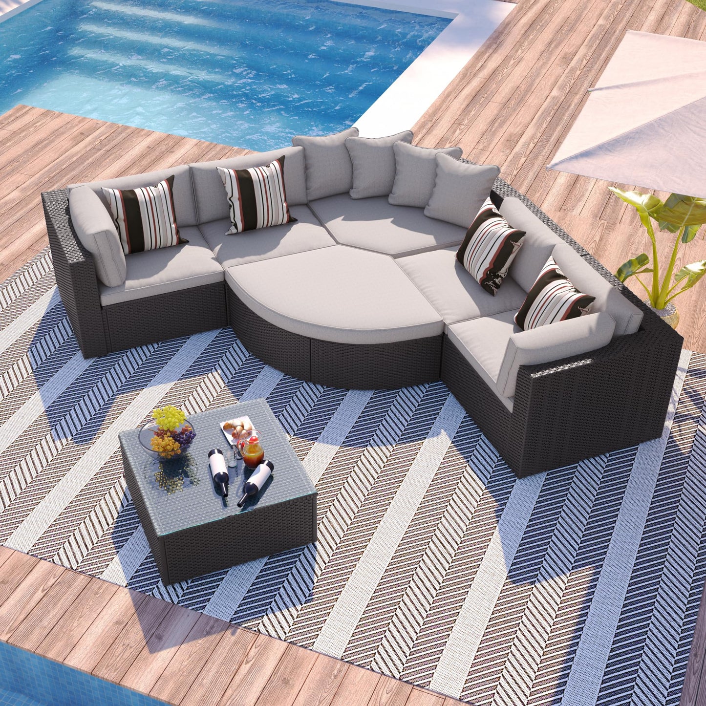 Merax 7-Piece Outdoor Wicker Sectional Sofa Set,Modular Rattan Conversation Set with Gray Cushions,Striped Green Pillows & Tempered Glass Coffee Table for Patio,Garden,Deck,Brown