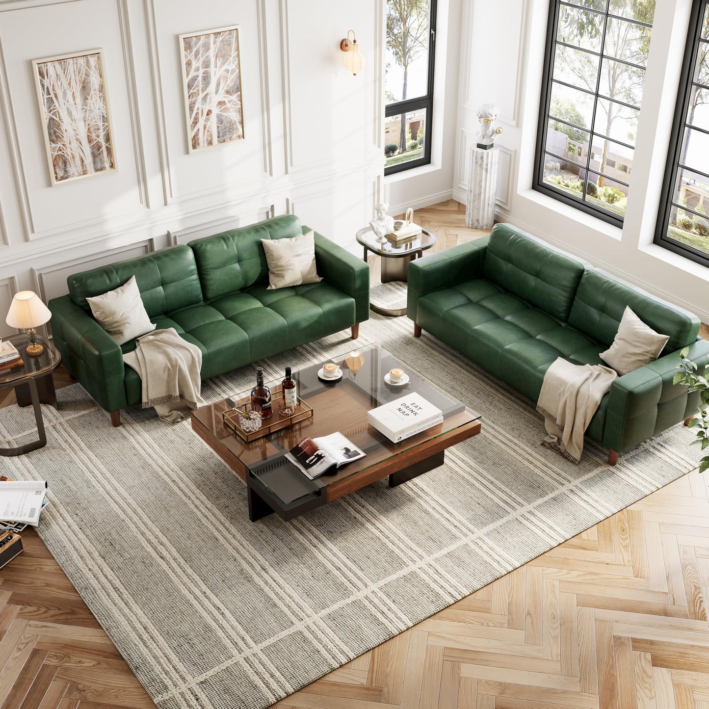 GarveeHome 3-Seater Sofa Couch, 83 in Wide Faux Leather Sofa Couch with Spring Cushion, Modern Sofa with Deep Seats and 2 Removable Back Cushions, for Living Room, Bedroom, Apartment, Office, Green