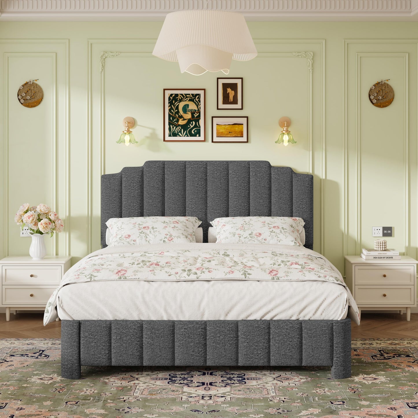 HDDDZSW Queen Bed Frame with Adjustable Headboard, Boucle Queen Size Bed Frame Upholstered Platform Bed Frame, Solid Wood Slats Support Grey Bed Frame for Bedroom, No Box Spring Needed
