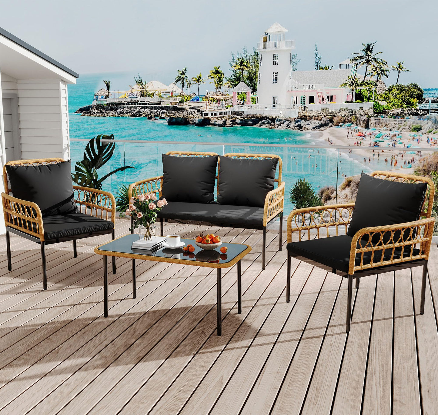 GarveeLife 4 Pieces Patio Furniture Sets Wicker Outdoor Patio Table and Chairs Set with Glass Side Table, Loveseat Chairs, Boho Rattan Conversation Sets for Apartment, Bistro, Backyard, Porch, Black