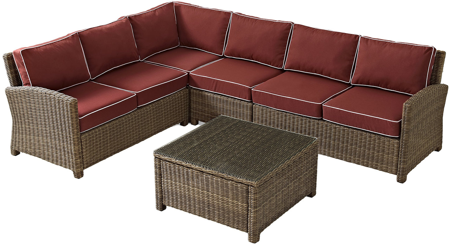 Crosley Furniture Bradenton 5-Piece Outdoor Sectional Sofa Wicker Conversation Patio Furniture Set for Deck, Brown with Sangria Cushions