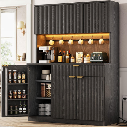 Fluted Kitchen Pantry Storage Cabinet with Charging Station/LED Light/Drawer/Doors/Shelves, 71'' Tall Kitchen Food Hutch with Microwave Stand for Dining Room Living Room (Black, 41 * 15.7 * 71)