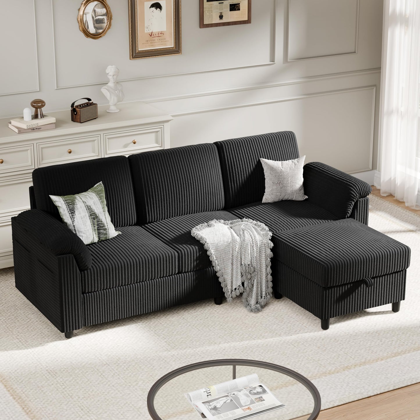 Meilocar Sectional Couch for Living Room, 79in Sectional Sofa with Ottoman, L Shaped Couch with Armrests Side Storage Pockage, 3-Seat Sofa Couches for Apartment, Black