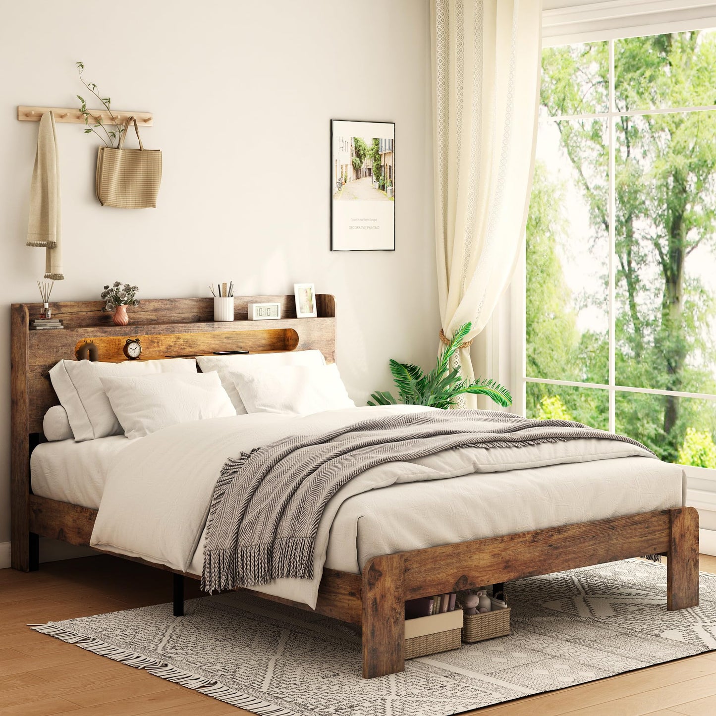 Ball & Cast King Size Bed Frame,Wood Platform Bed Frame King with Storage Headboard, LED Light & USB Port,Noise Free,No Box Spring Needed,Easy Assembly,Dark Brown