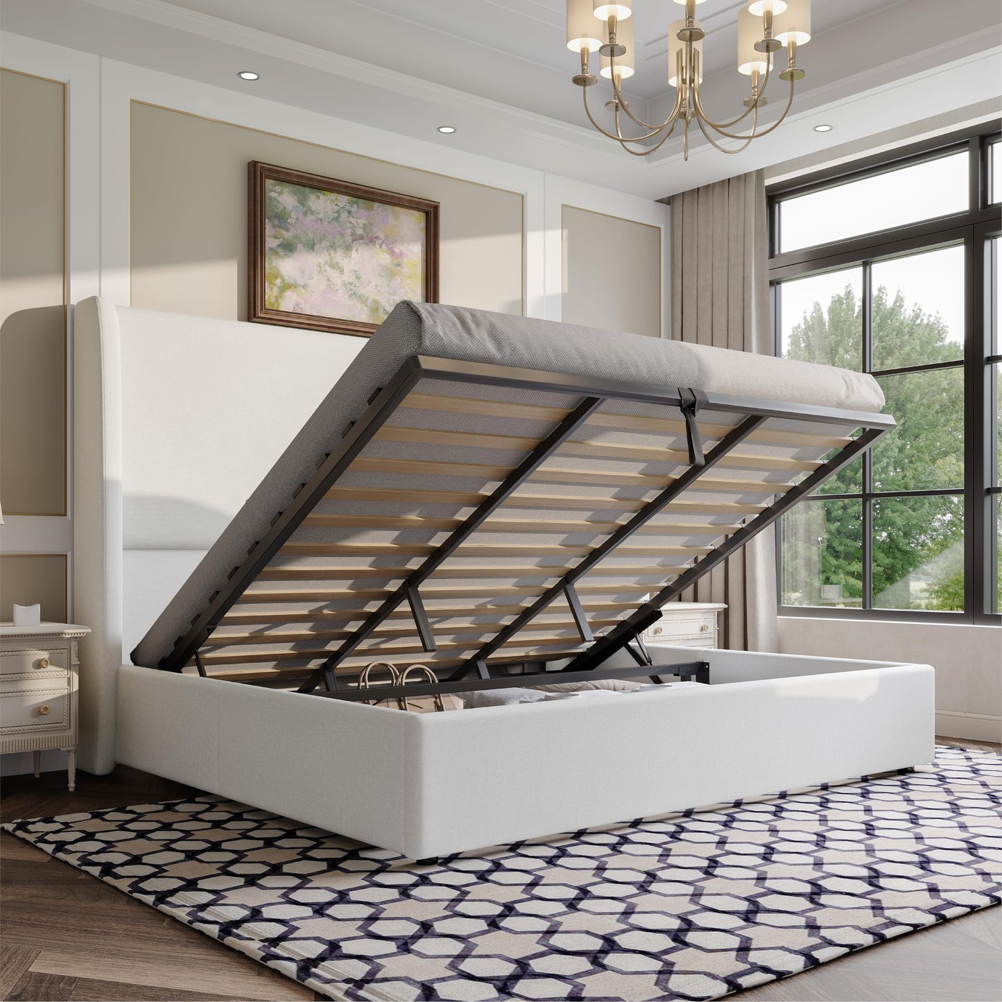 AMERLIFE Lift Up Storage Bed King Size Linen Upholstered Platform Bed Frame, Hydraulic Storage,Modern Wingback Headboard, No Box Spring Needed, White