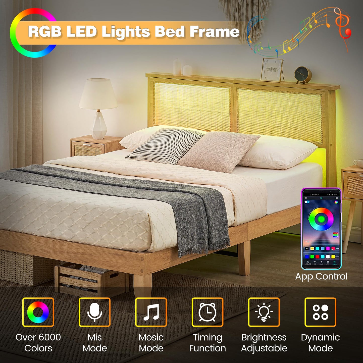 IDEALHOUSE Rattan Bed Frame Queen Size with Natural Rattan Headboard & LED Lights, Wood Queen Bed Frame with Solid Wood Foundation, No Box Spring Needed, Natural
