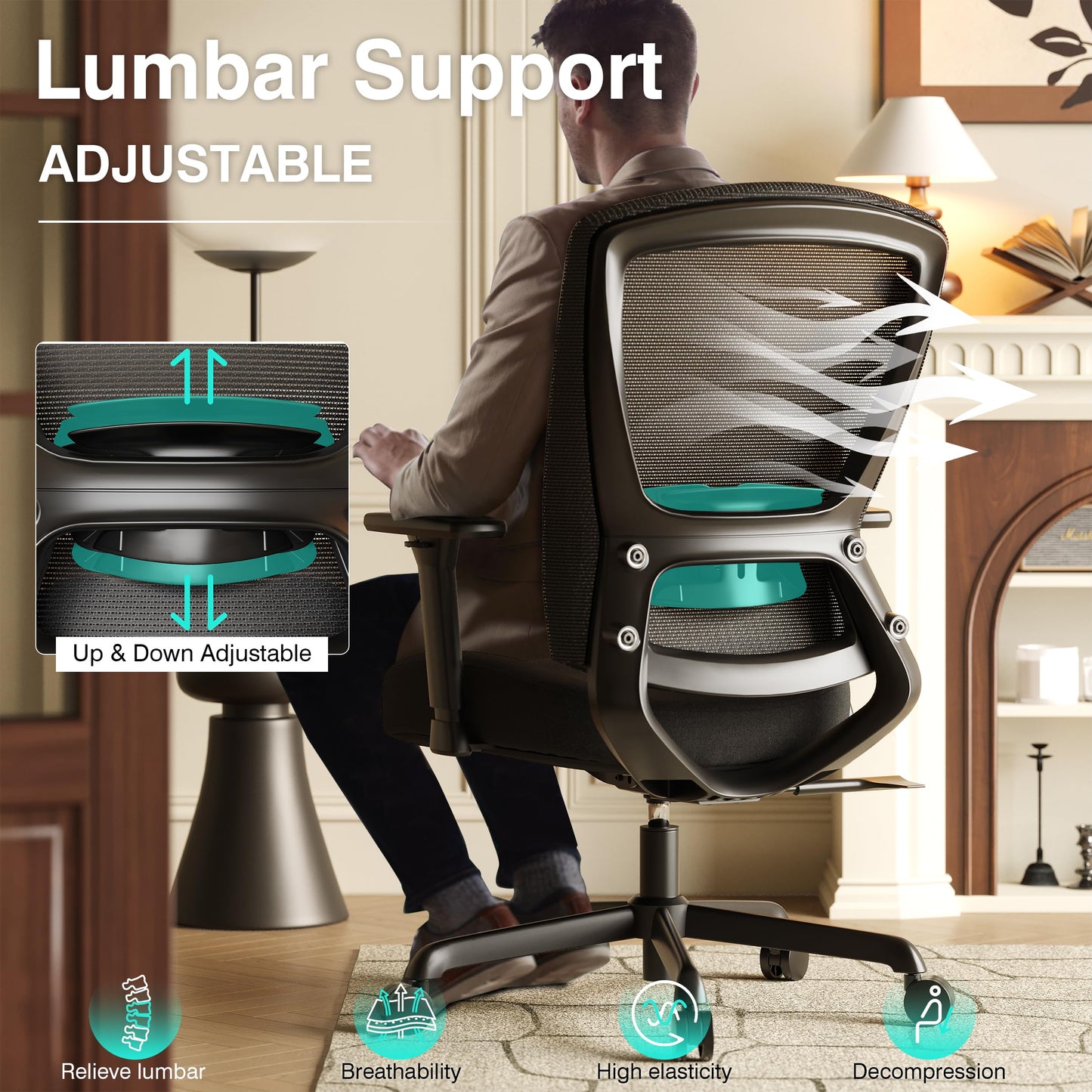ELABEST Mesh Office Chair,Ergonomic Computer Desk Chair,Sturdy Task Chair- Adjustable Lumbar Support & Armrests,Tilt Function,Comfort Wide Seat,Swivel Home Office Chair (Noir Black (Padded Seat))