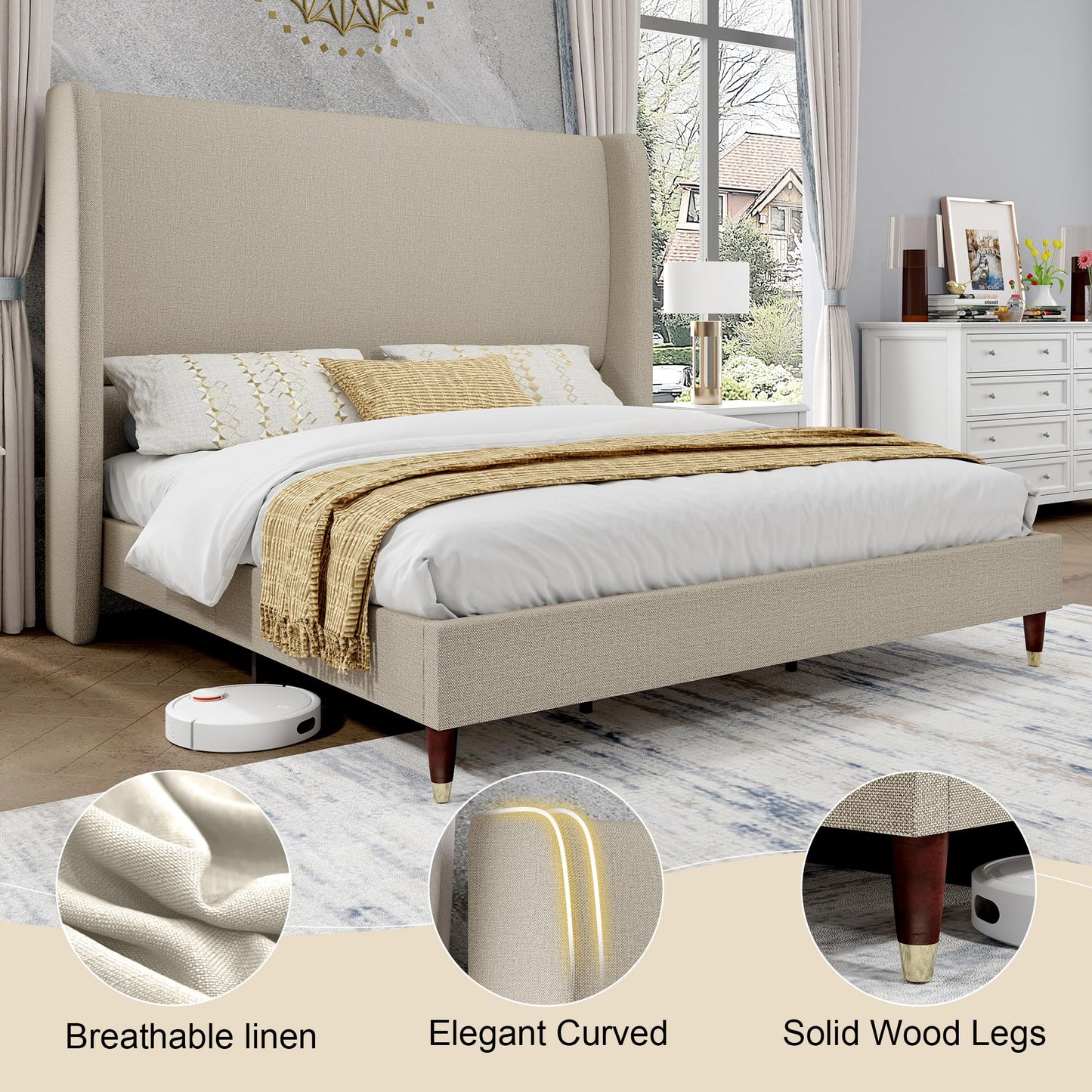 PaPaJet Queen Bed Frame with 51.2" Tall Wingback Headboard,Line Upholstered Platform Bed,Solid Wood Legs,No Box Spring Needed,Noise-Free&Easy Assembly,for Couples, Guest Room, Apartment,Light Khaki