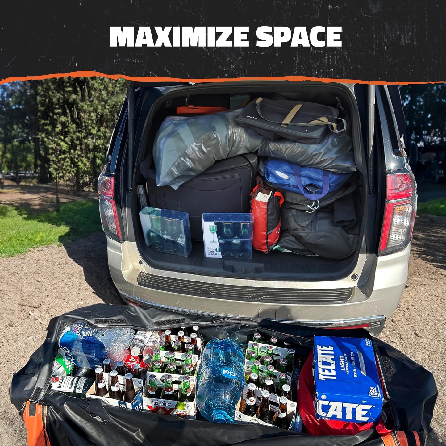 Mockins 60"x20"x6" Folding Luggage Rack for Car Hitch & 20 Cu Ft Waterproof Cargo Bag | 500 lbs Cap Steel Trailer Hitch Cargo Carrier for 2" Receivers w/License Plate Holder, Stabilizer, Net & Straps