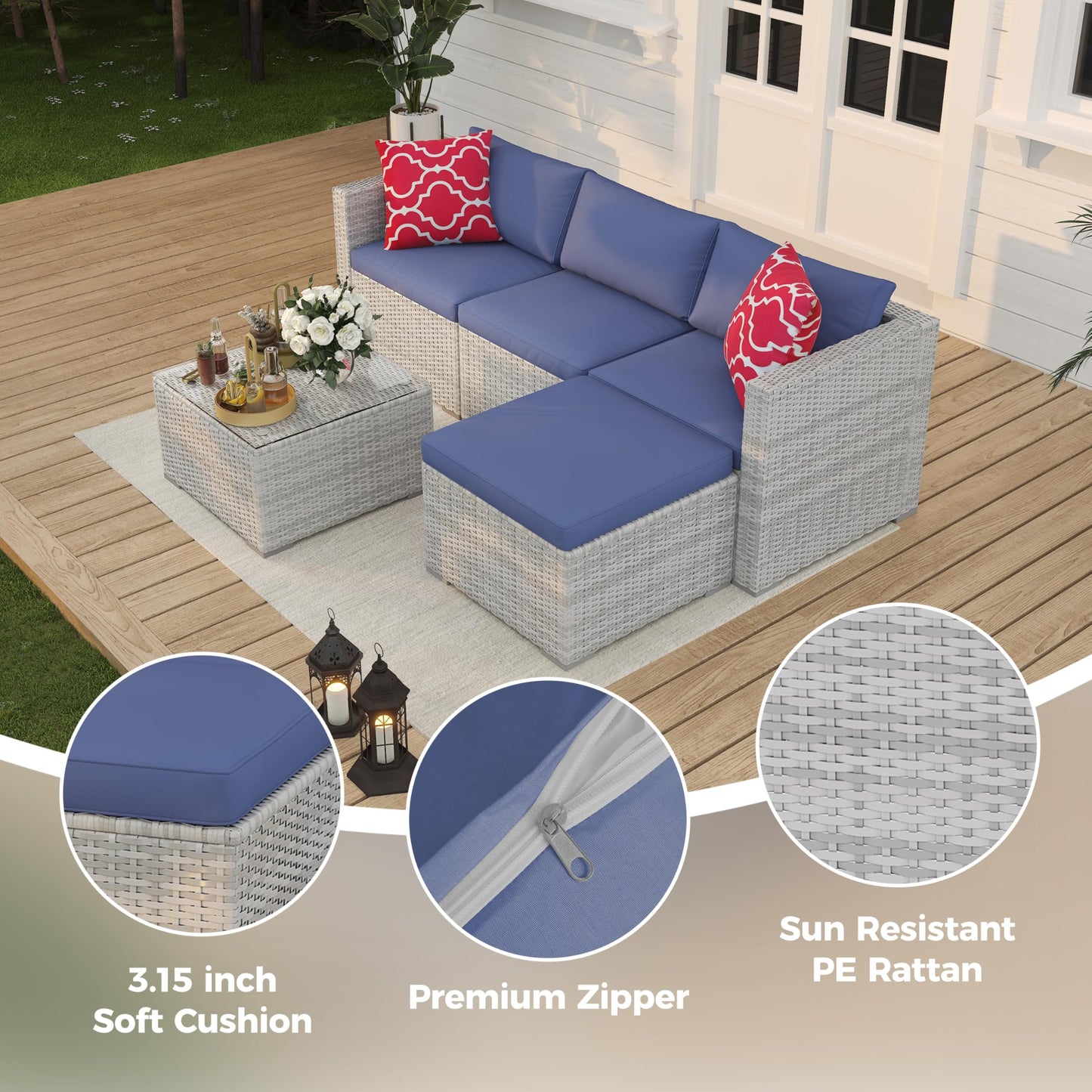 5 Piece Patio Furniture Set, PE Wicker Modern Patio Conversation Set, Outdoor Furniture Set with Glass Coffee Table for Garden, Poolside, Backyard, Grey & Blue