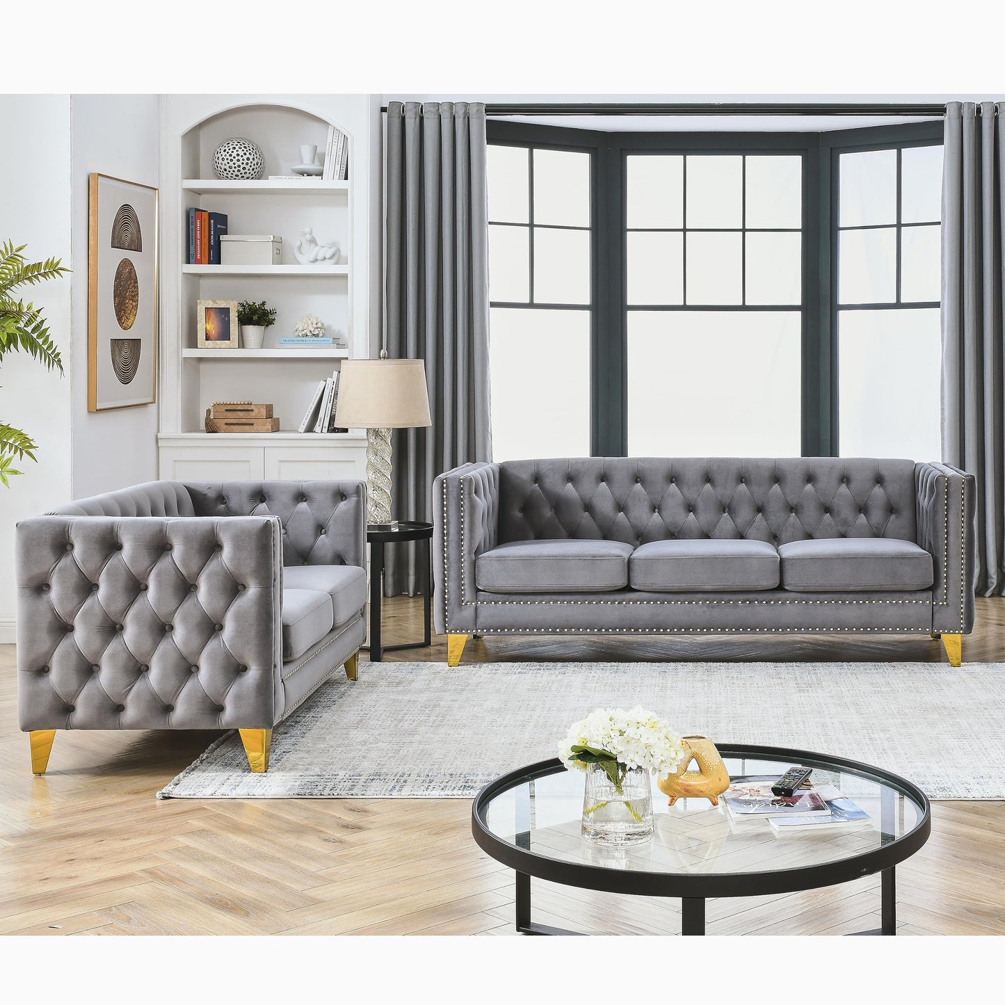 KEIKI Tufted Velvet 3+2 Seat Sofa Couch for Living Room, Buttons Tufted Square Arm Couch for Home Apartment, Gray