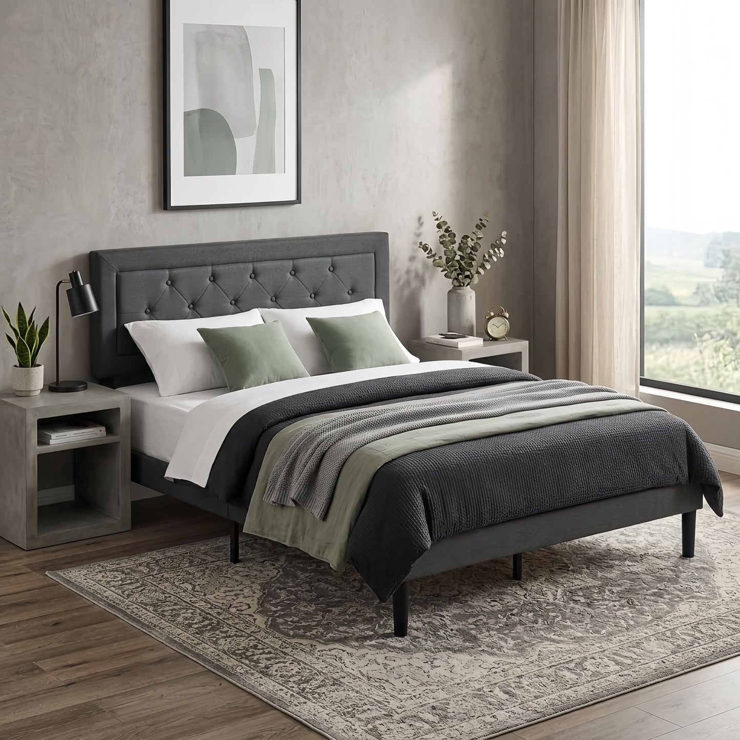 Dearforest Queen Upholstered Bed Frame with Headboard, Heavy Duty Platform Bed Frame, Easy Assembly, Noise-Free, No Box Spring Needed, Strong Metal Support, Under Bed Storage Space (Grey, Queen)