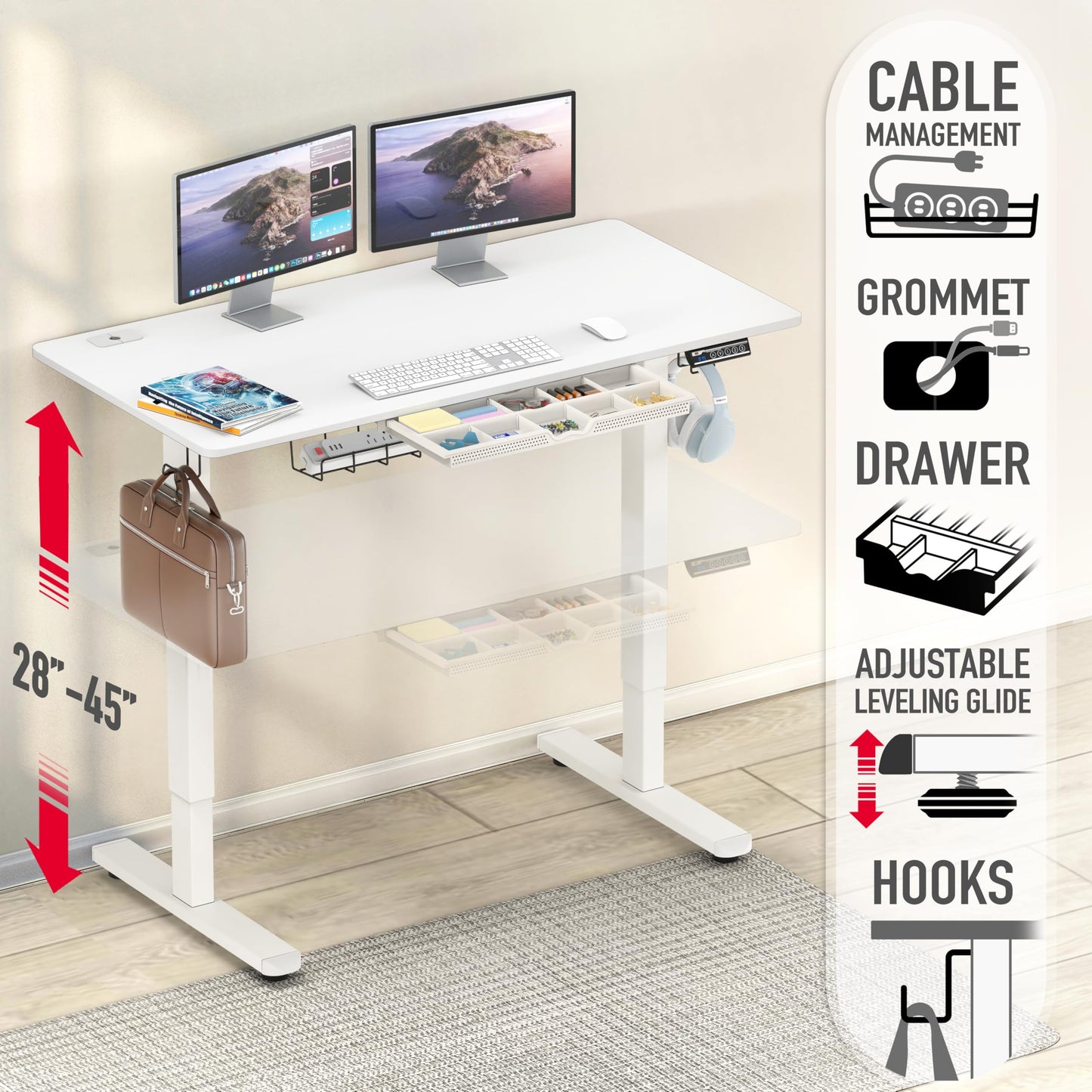 SHW 48-Inch Electric Height Adjustable Standing Desk with Drawer, Memory Preset and Cable Management Tray, White
