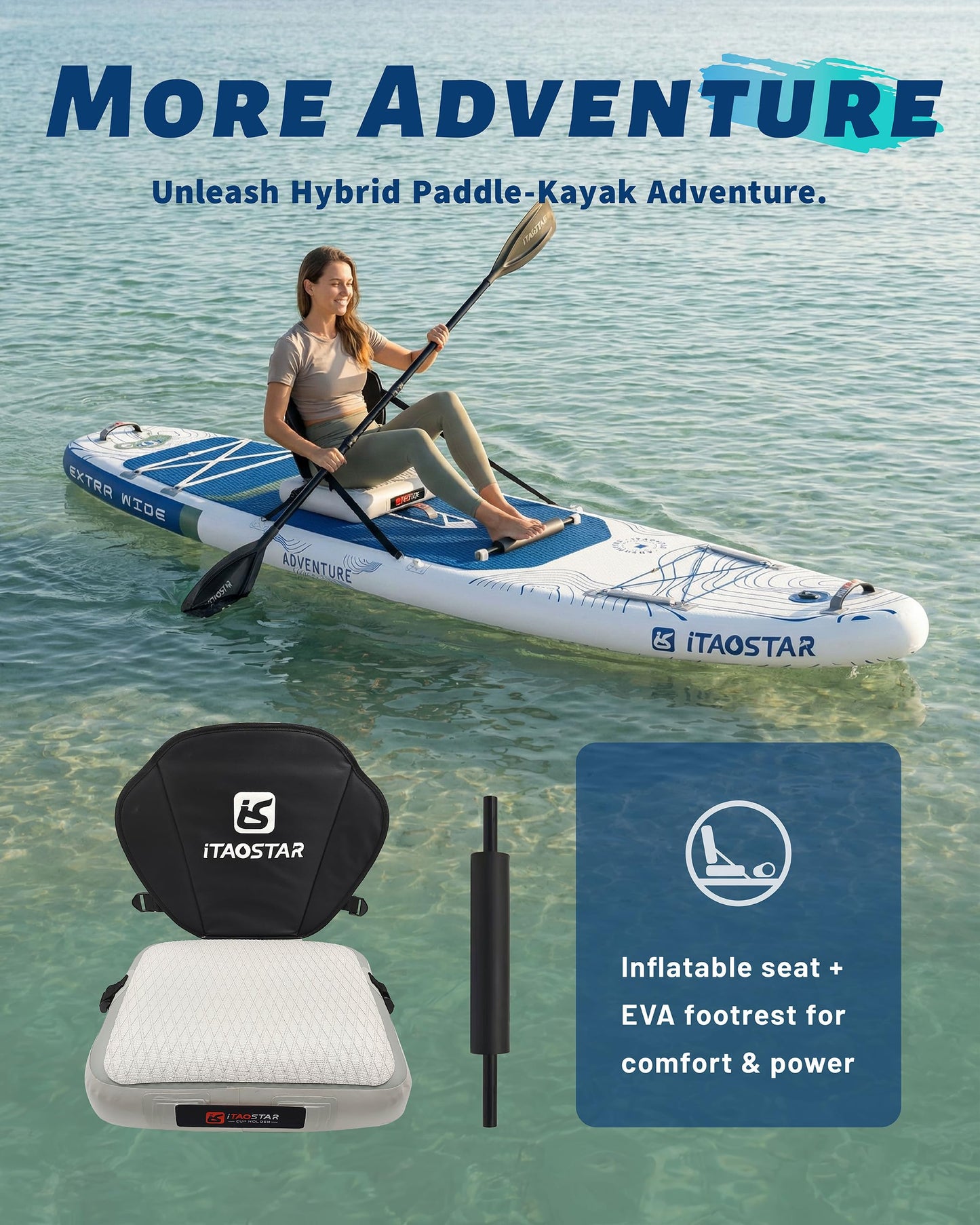 iTAOSTAR Adventure 12' × 35" Inflatable Stand Up Paddle Board with Seat, Extra Wide SUP Board with 5 Fins Stable Design for Familly, Youth, All Skill Levels, Lakes, Oceans & Fishing
