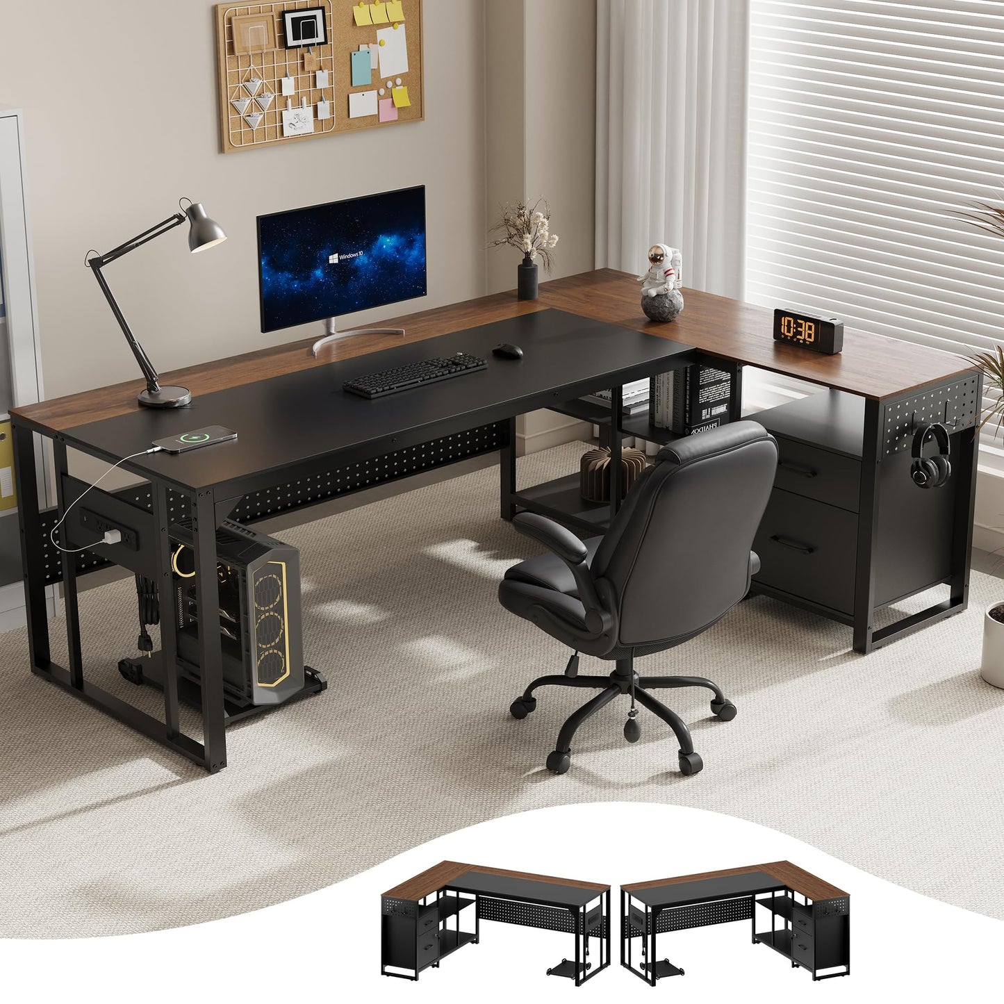 MALOL 70.3" L-Shaped Office Desk, Reversible L-Shaped Computer Desk with Power Outlet, Large Executive Desk with Locked File Drawers & Storage Shelves, Pegboard, Mobile CPU Stand, Modern Corner Desk