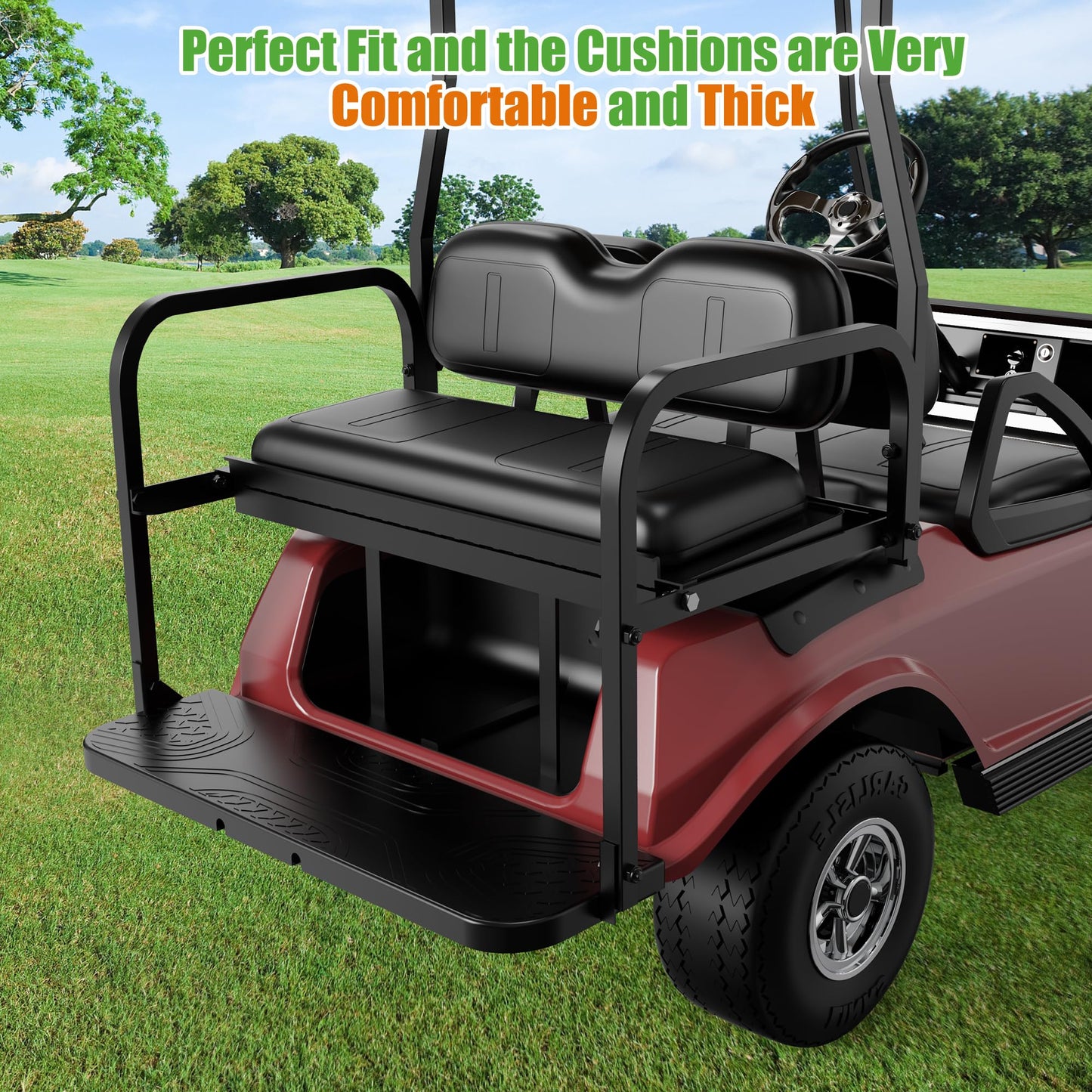 10L0L Golf Cart Rear Flip Seat for Club Car DS, Heavy-Duty Alloy Steel & PE Construction, No-Drill Installation, Non-Slip Pedals & Padded Backrest