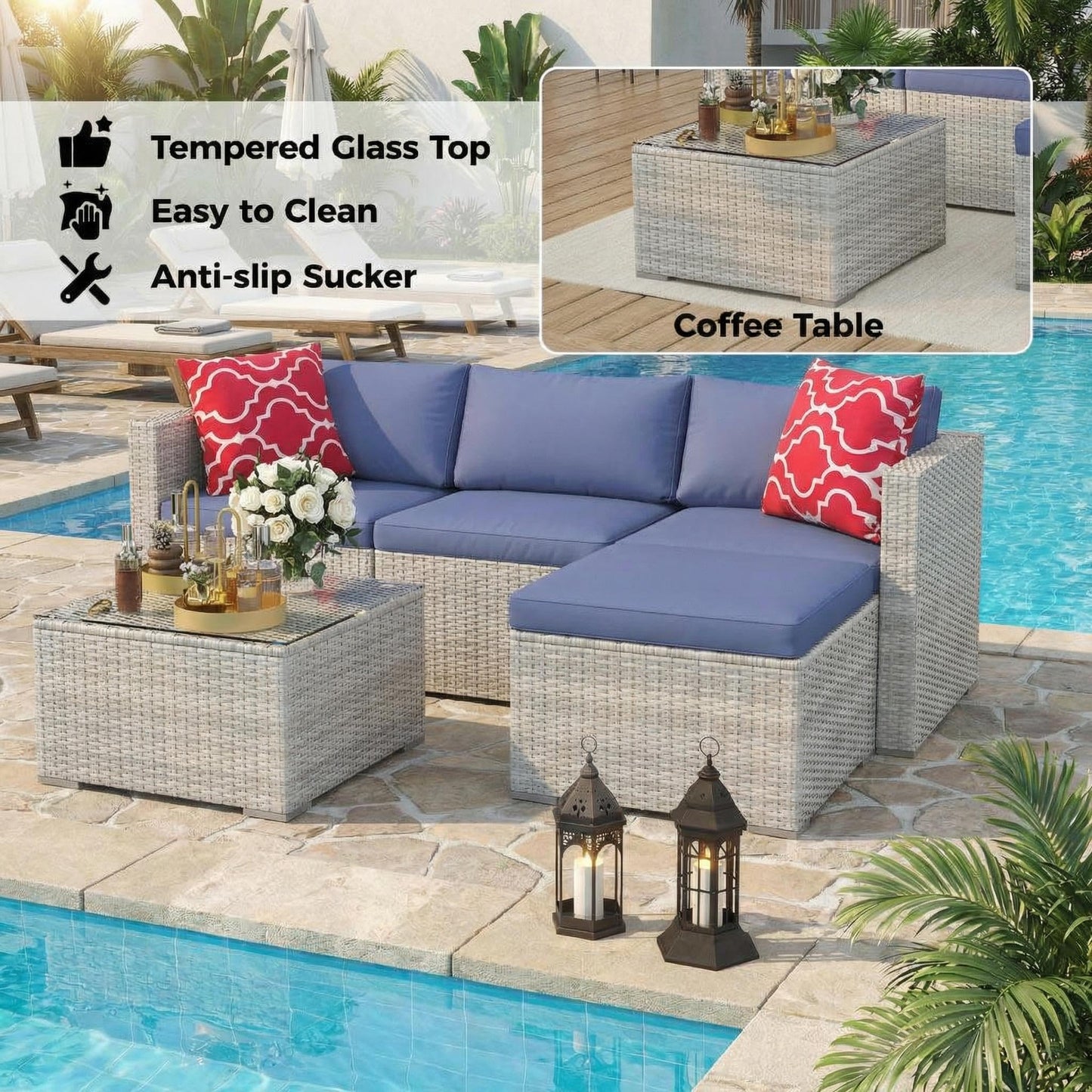 GarveeTech 5 Pieces Patio Furniture Set, All Weather Wicker Rattan Sectional Sofa, Outdoor Patio Furniture Set with Washable Cushions for Garden, Backyard, Porch, Poolside (Grey&Blue)