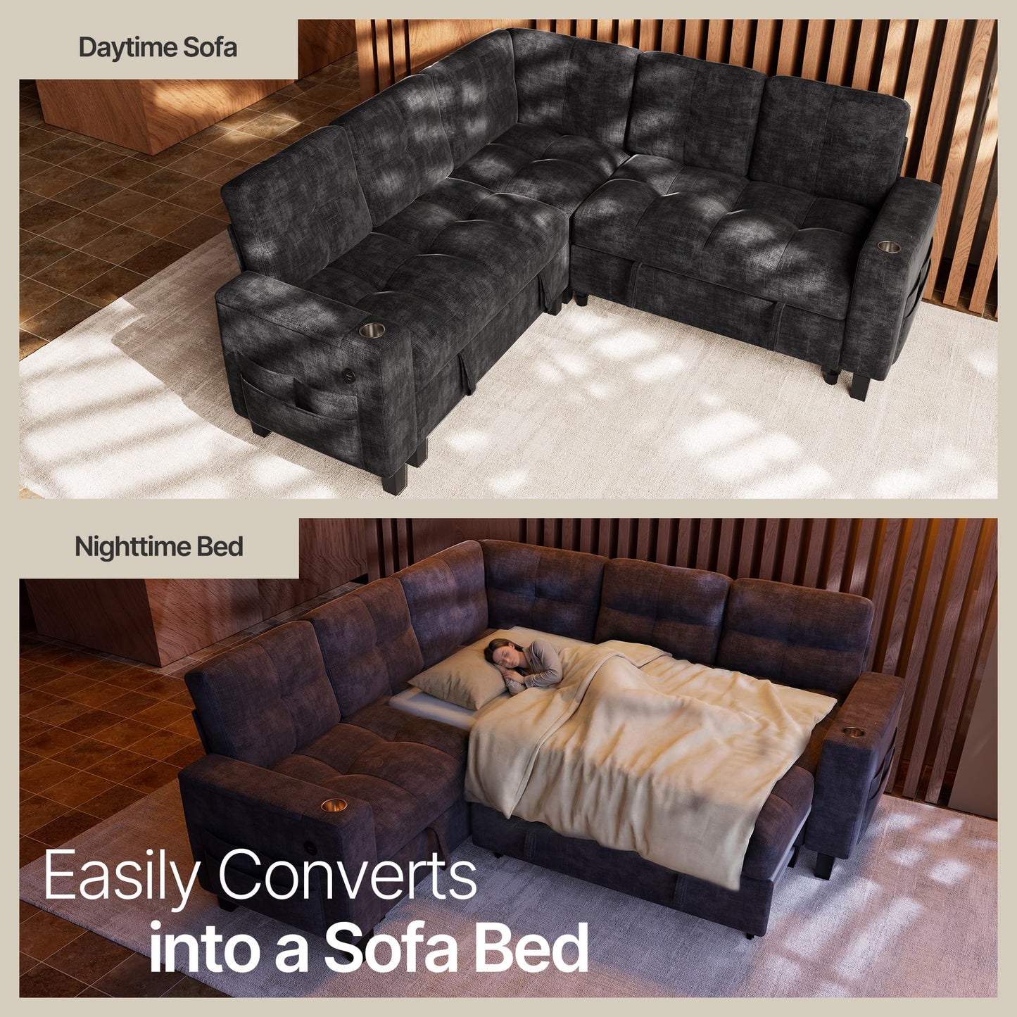 Marsail 84.6" Sectional Sleeper Sofa with Pull Out Bed, 5 Seat Modular Sectional Couch with Storage, USB & Cup Holders, Modern Chenille Cloud Sofa for Living Room, Dark Gray