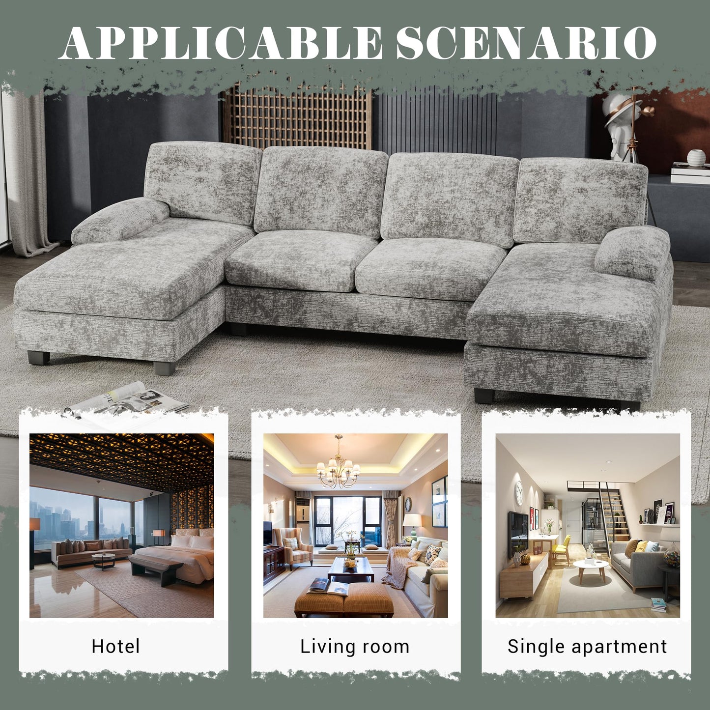 Furniwell Convertible Sectional Sofa Couch, 4 Seat Sofa Set for Living Room U-Shaped Modern Fabric Modular Sofa Sleeper with Double Chaise & Memory Foam (Fabric, Grey)