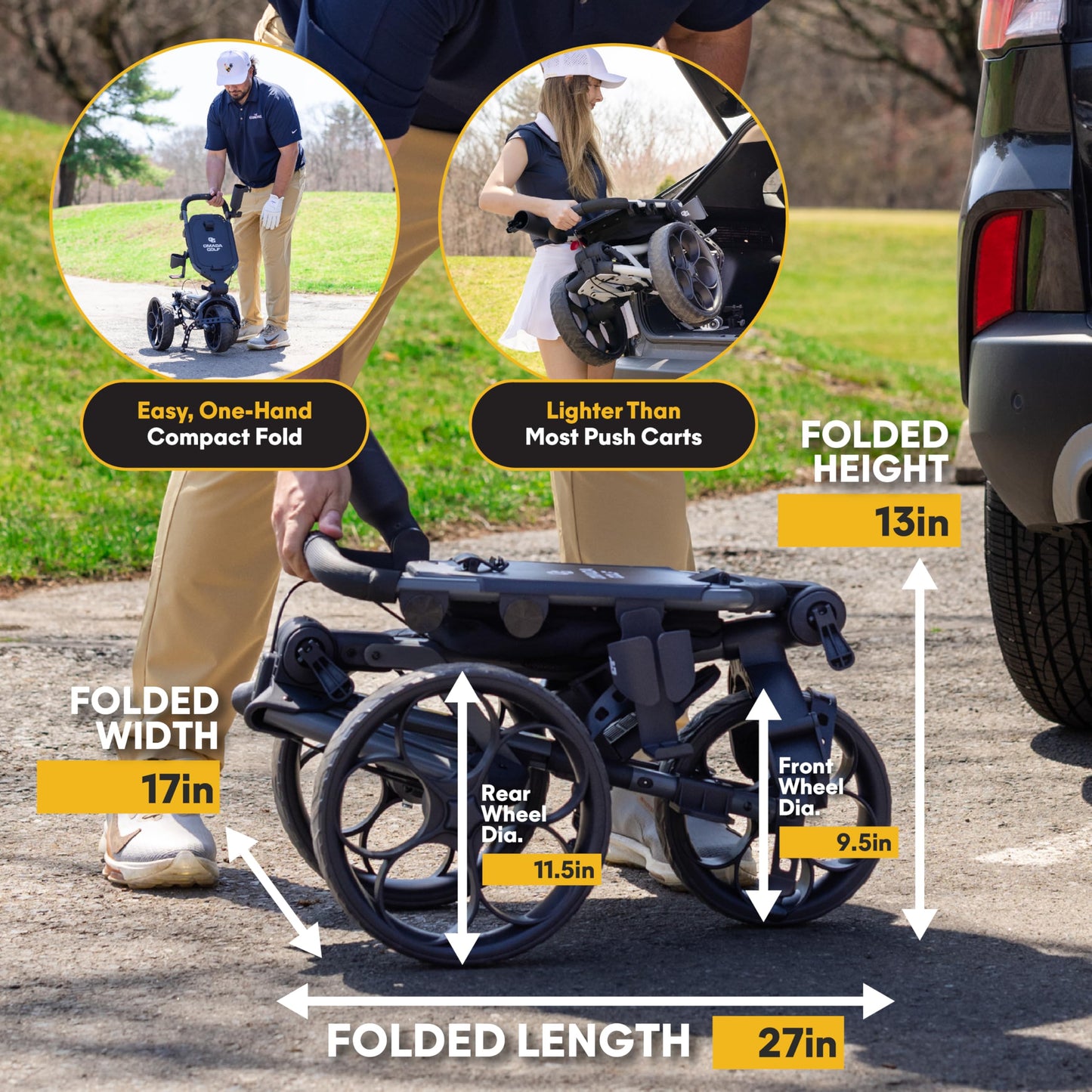 OMADA GOLF T2Lite Golf Push Cart | Lightweight, Ultra-Compact Folding Golf Cart | Large All Terrain Wheels | Umbrella Holder Included | Deep Storage Console | Adjustable Handle, Handbrake + Cup Holder