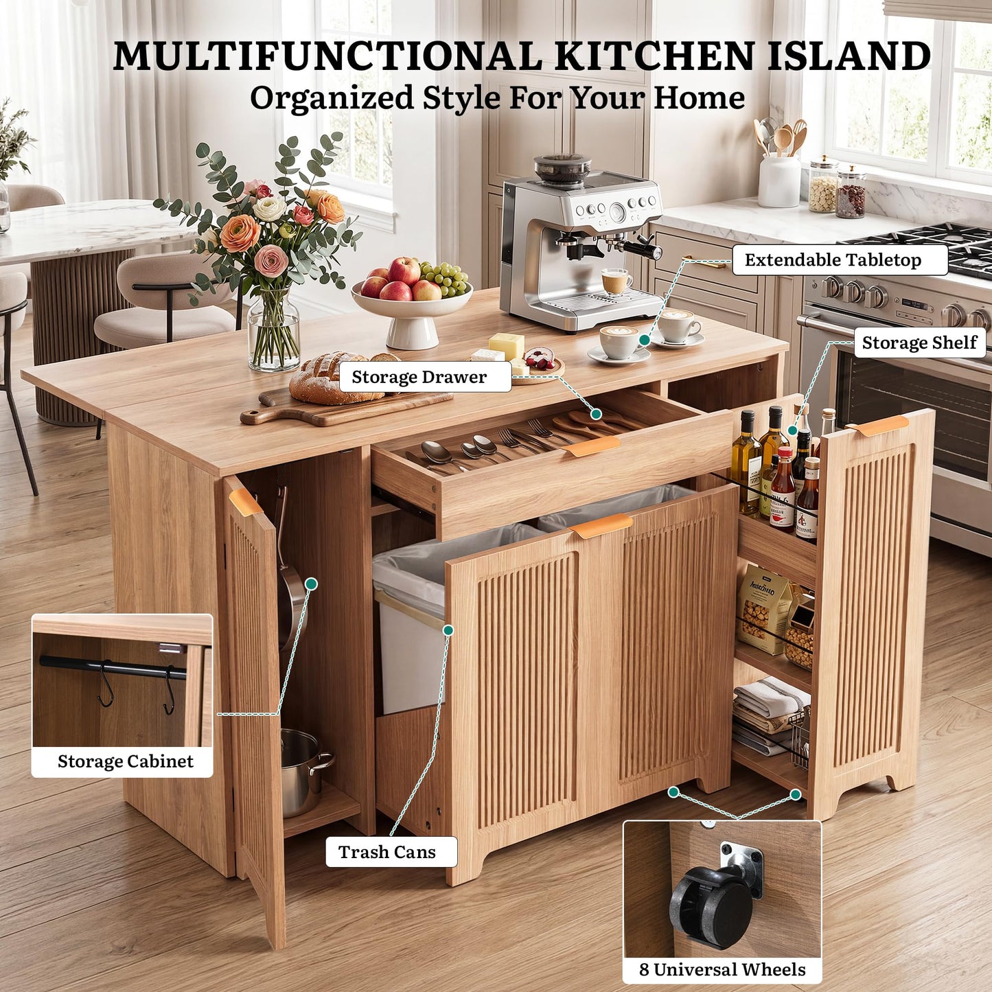 YITAHOME Expandable Kitchen Island with Hidden Trash Cabinet, 55.1" Rolling Kitchen Island with Drop Leaf, Storage Drawer & 3-Tier Side Shelves, Mobile Kitchen Island on Wheels with Towel Bar & Hooks
