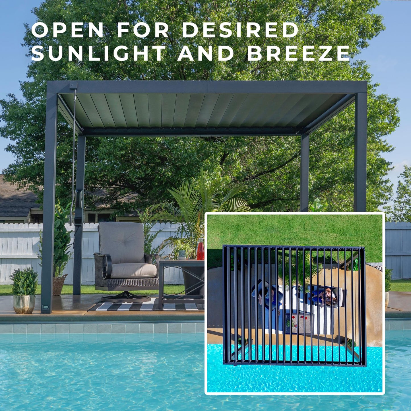 Backyard Discovery Sarasota 10' x 10' Galvanized Steel Louvered Pergola Kit with Adjustable Roof, Shade, Rain Protection, High-Wind Rating, Gutter System for Outdoor Patio, Garden, Deck, Entertaining