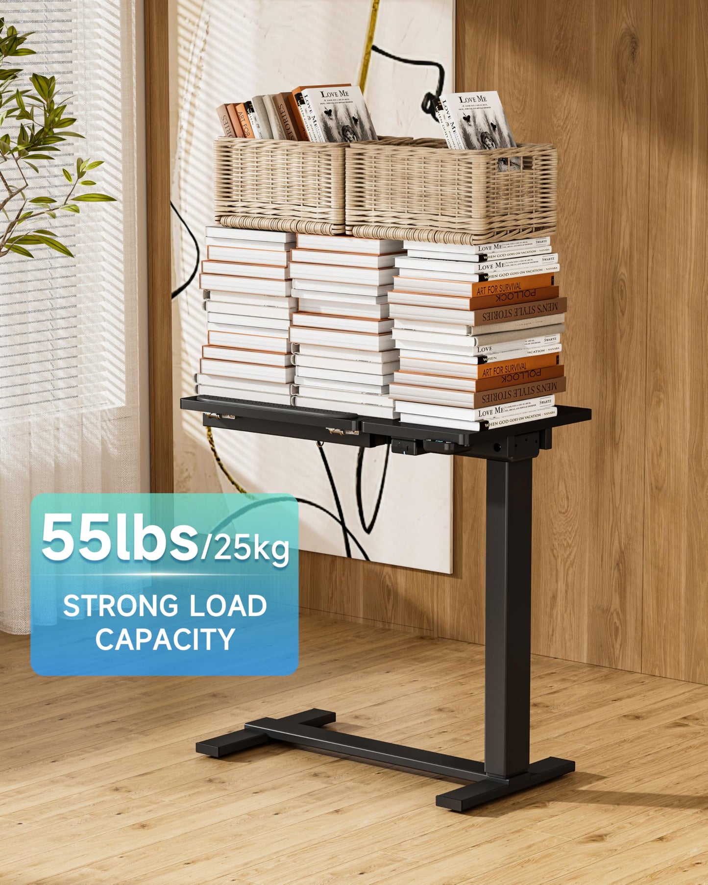 BIZUM Small Electric Standing Desk, Overbed Table Wireless Tilt Top with Hidden Wheels, 27.6×15.8 Inch Adjustable Rolling Laptop Desk, USB-C Rechargeable Battery, Black