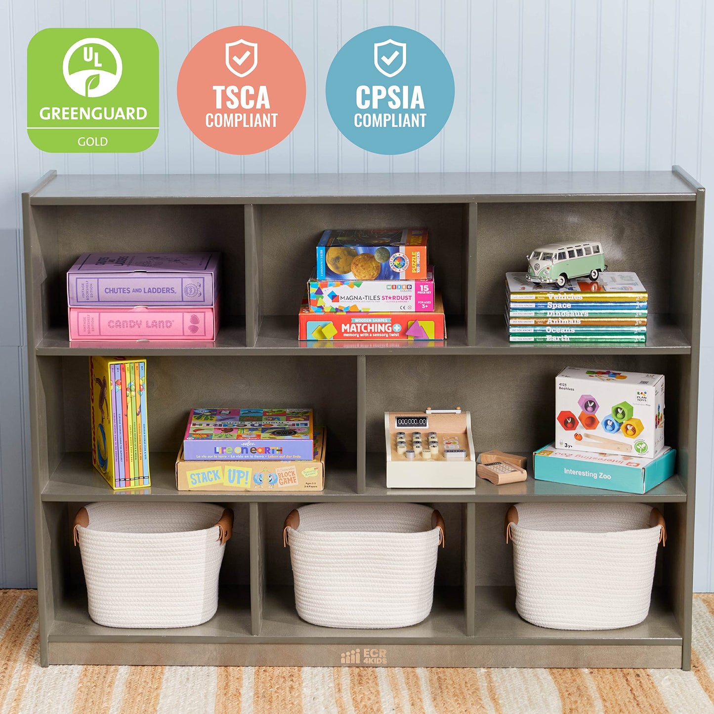 ECR4Kids 8-Compartment Mobile Storage Cabinet, Elementary, Classroom Furniture, Grey Wash