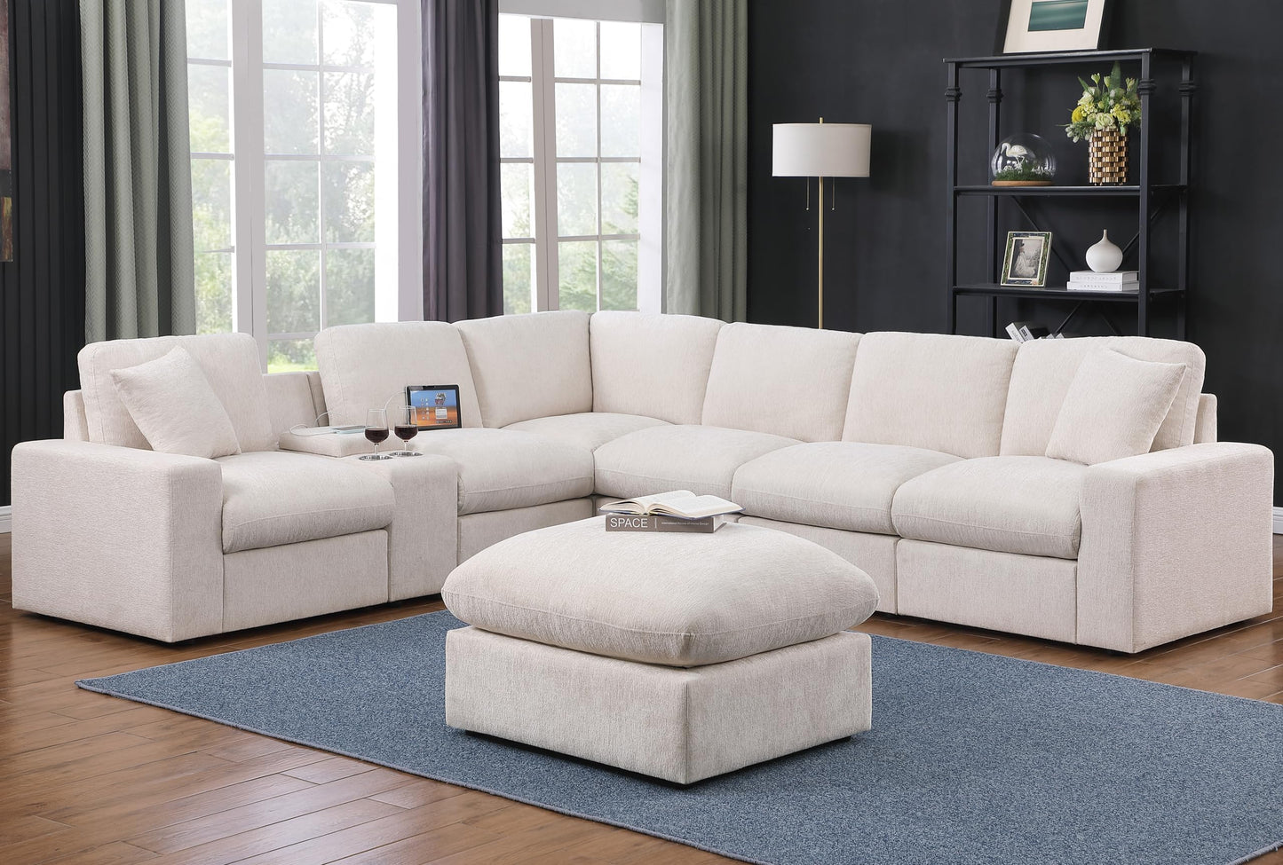 YOPTO 127" Modular Sectional Sofa,Modern Oversized Cloud Couch with Cup Holder&USB Port,7 Seater Convertible L-Shaped Chenille Sofas W/Ottoman,2 Pillows&Storage Box,Comfy Couches for Living Room,Beige